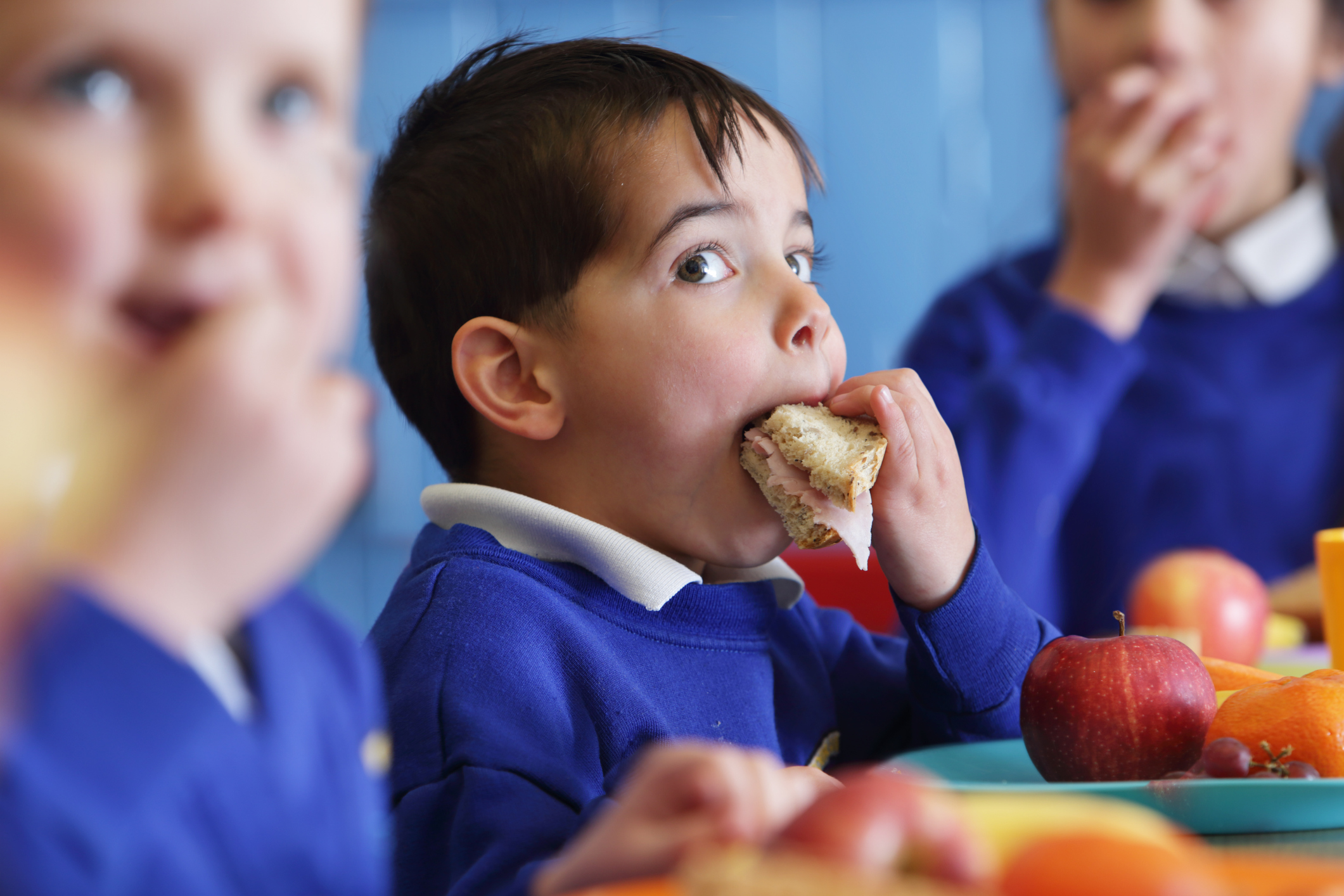 Un écolier mangeant un repas scolaire, une bonne question à poser lors de la visite d'une école primaire.