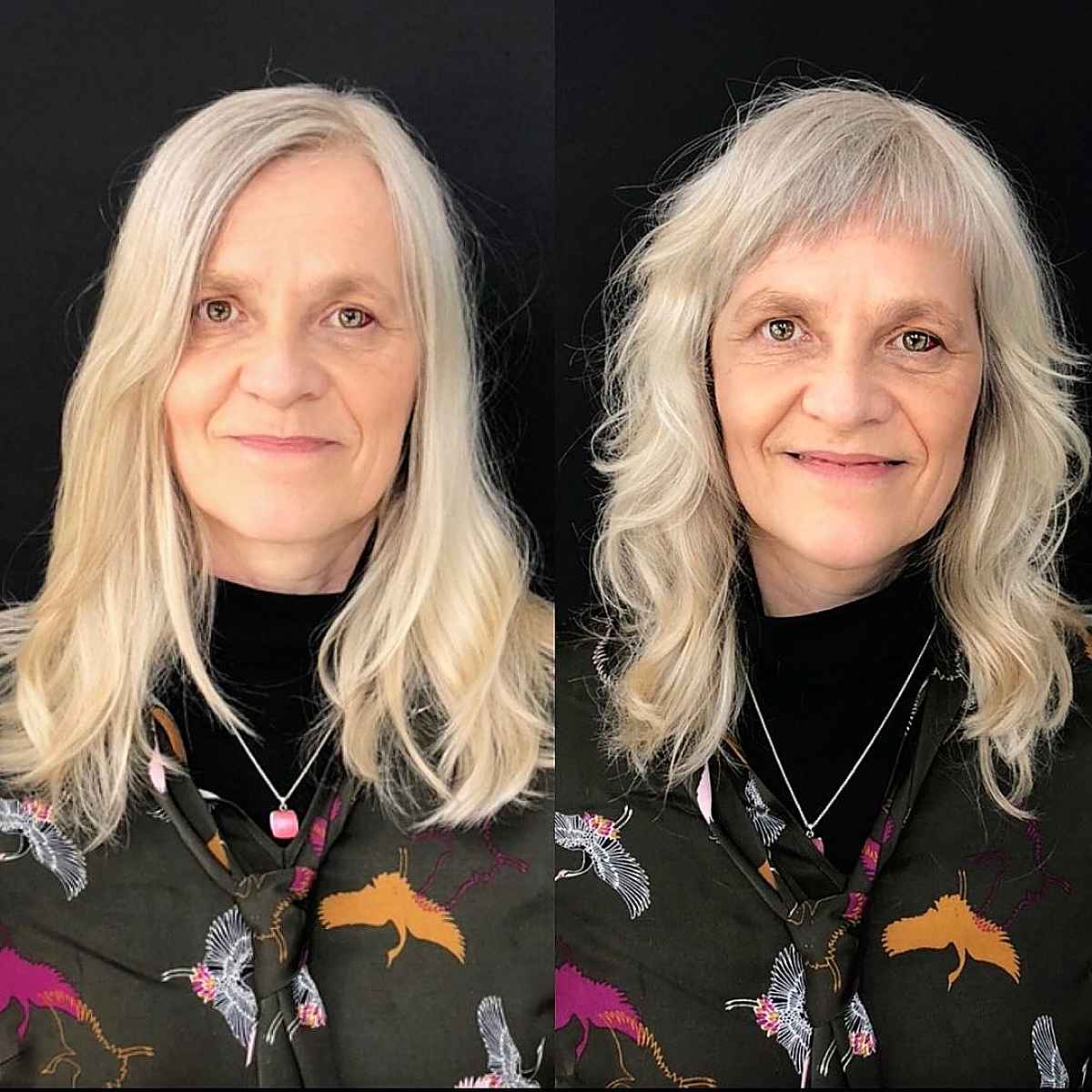 Frange longue avec frange pour les femmes de plus de 50 ans