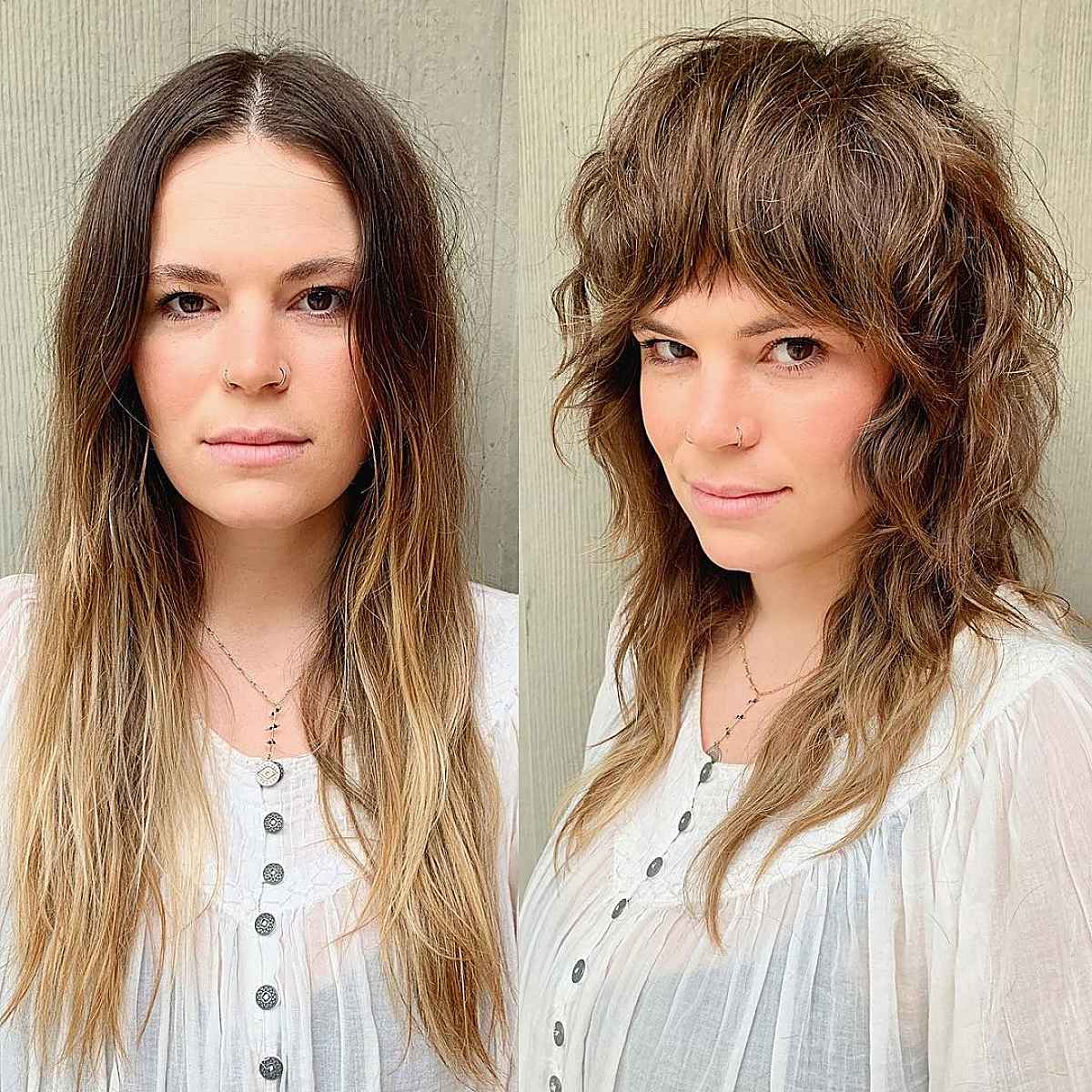 Coupe de cheveux dégradée avec frange pour les femmes de plus de 30 ans.
