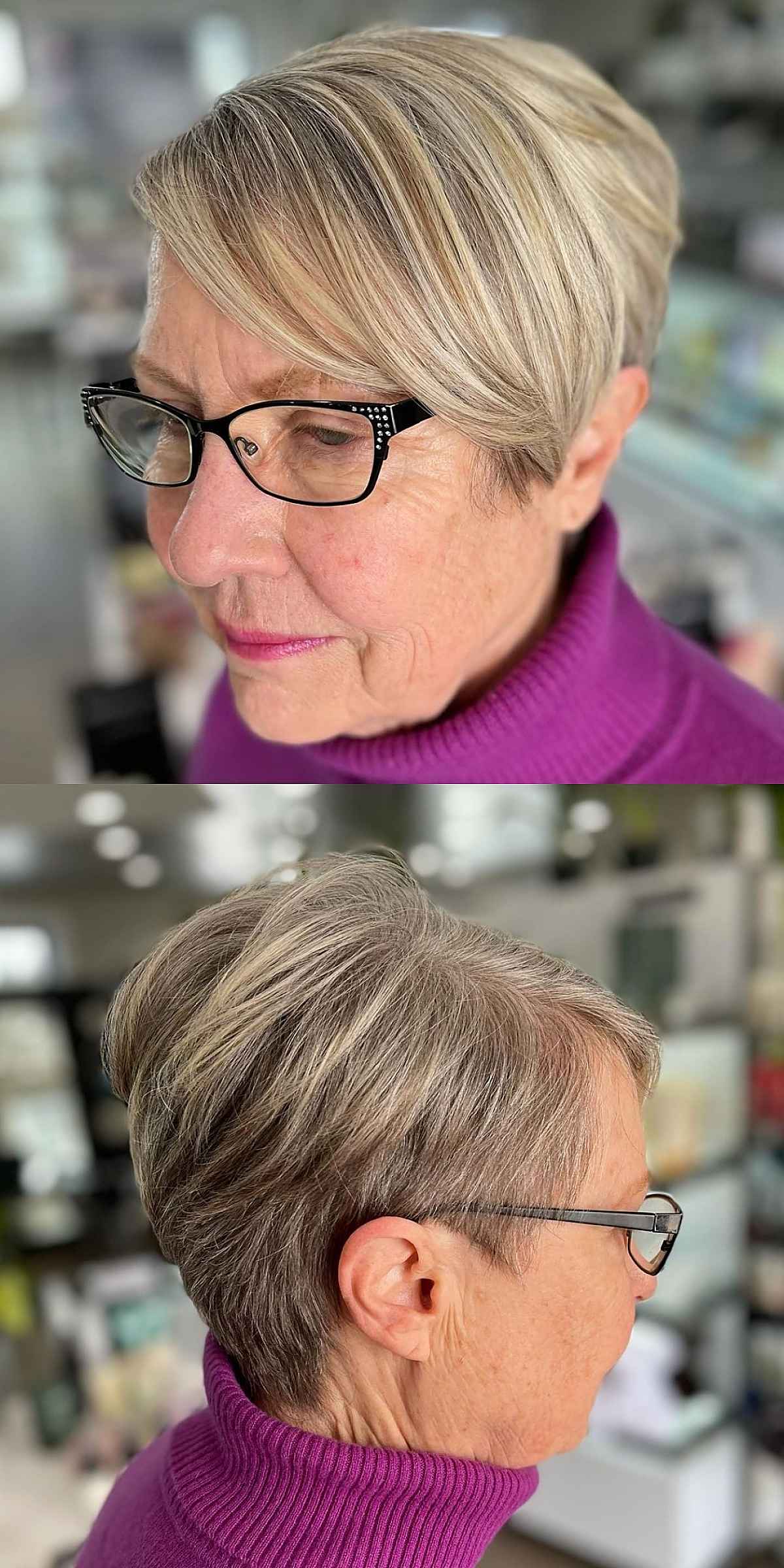 Pixie asymétrique pour visages ronds pour les femmes de 60 ans et plus.