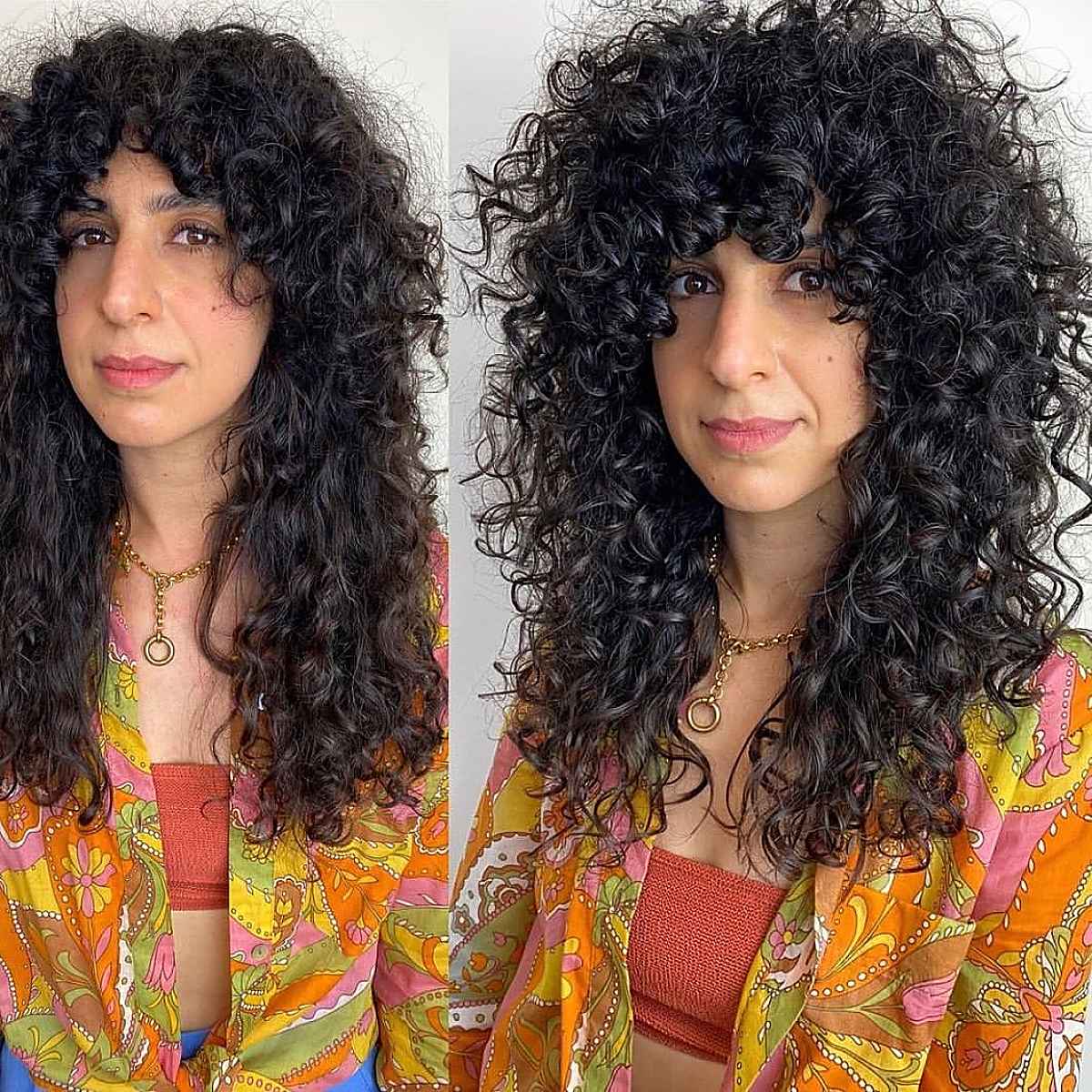 Cheveux bouclés et dégradés avec une frange bouclée