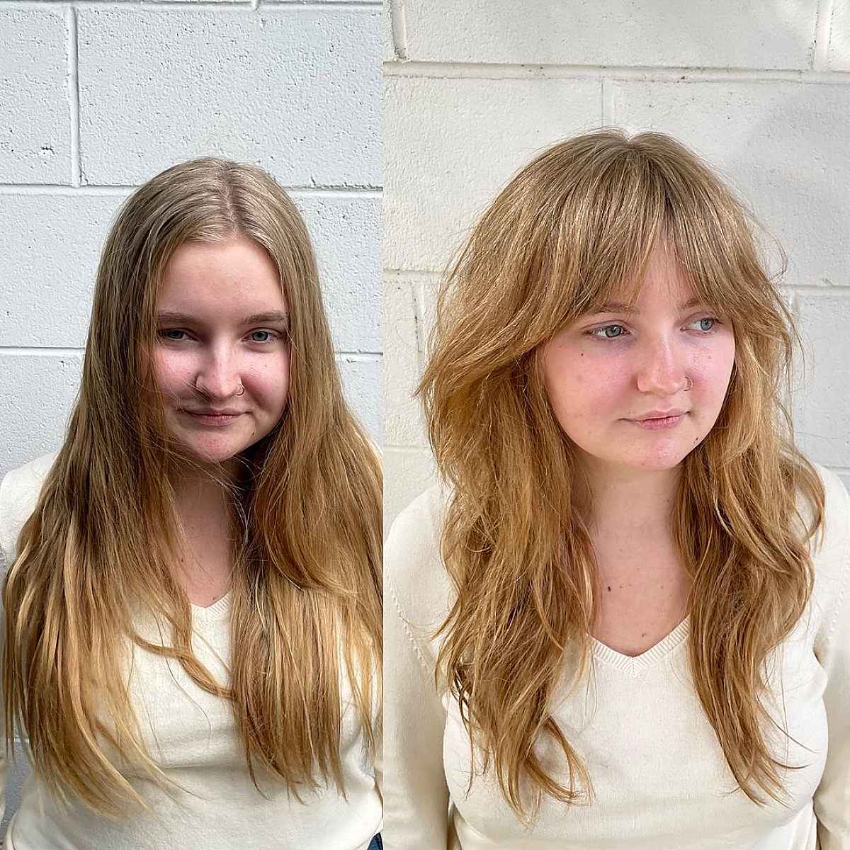 Châle à couches avec franges de rideau encadrant le visage