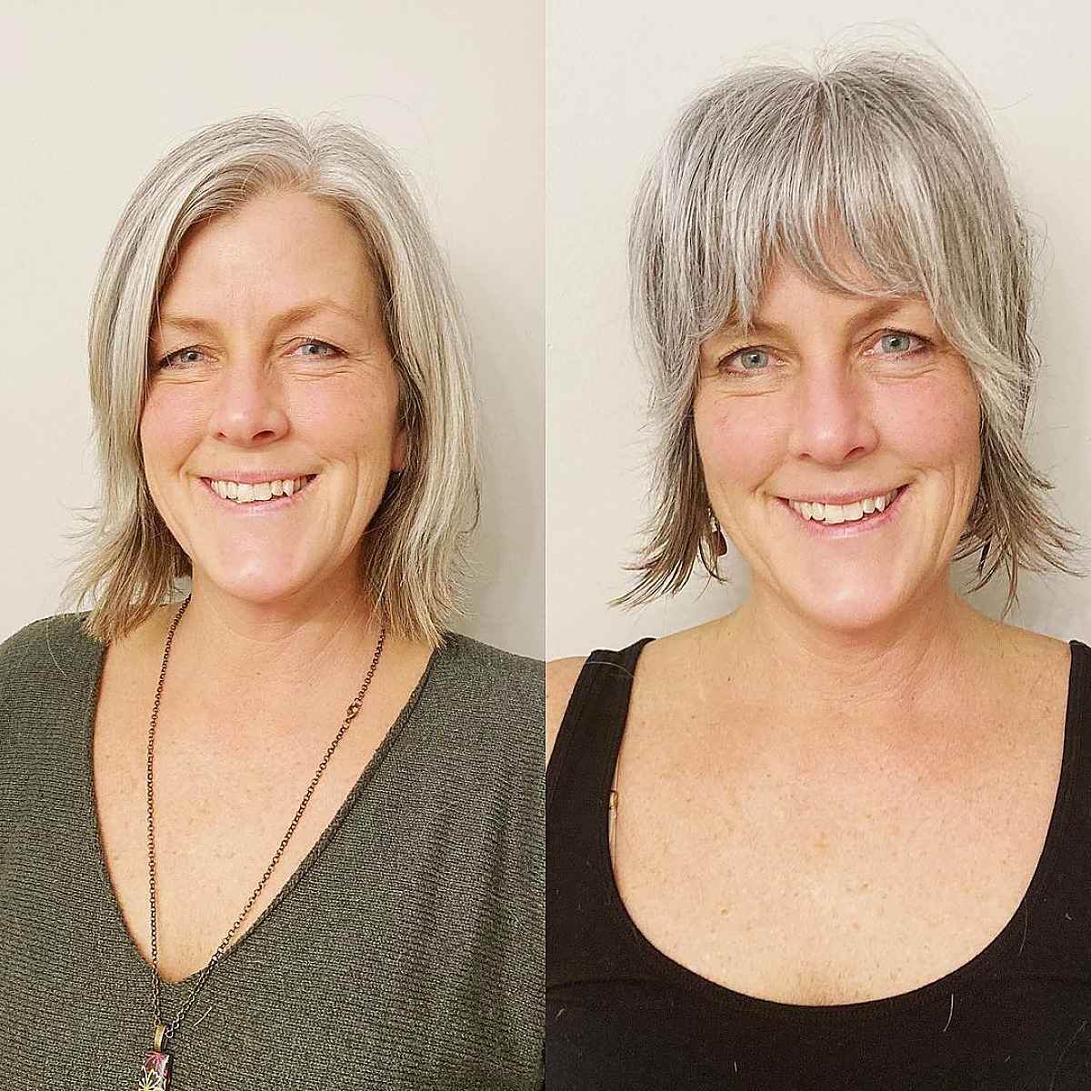 Coupe au rasoir, coupe hirsute avec frange pour cheveux argentés