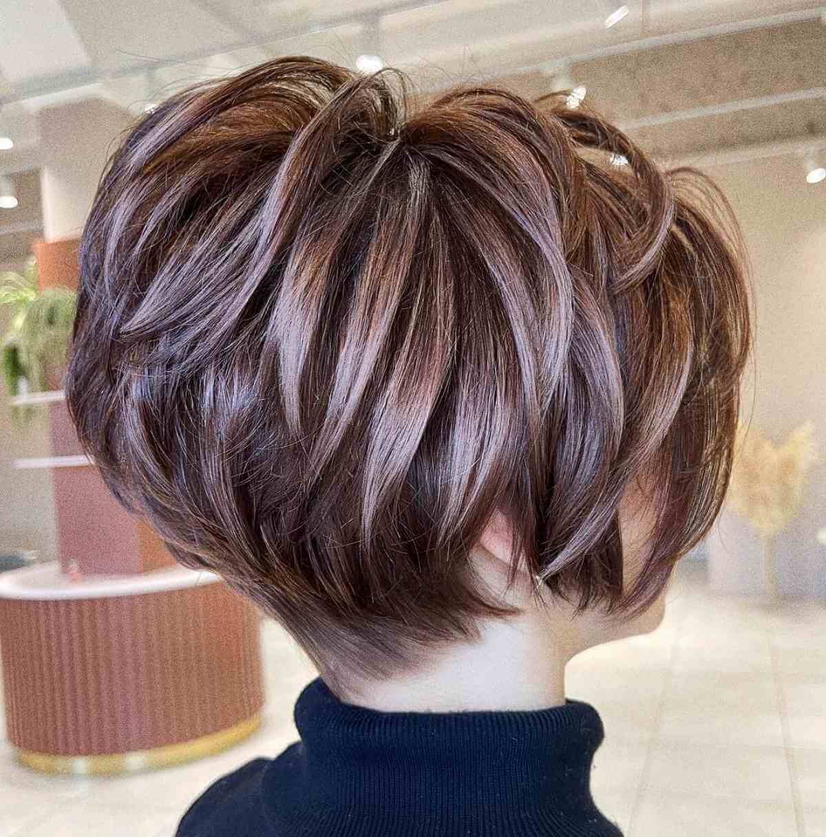Pixie brune avec des mèches lavande