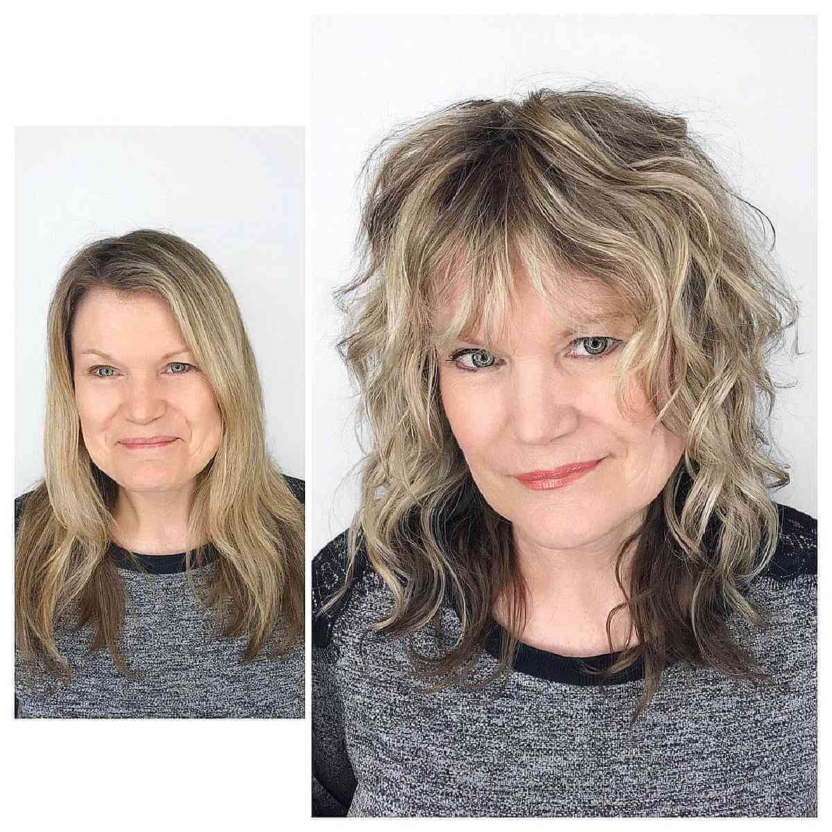 Cheveux ondulés aux épaules avec une frange ondulée