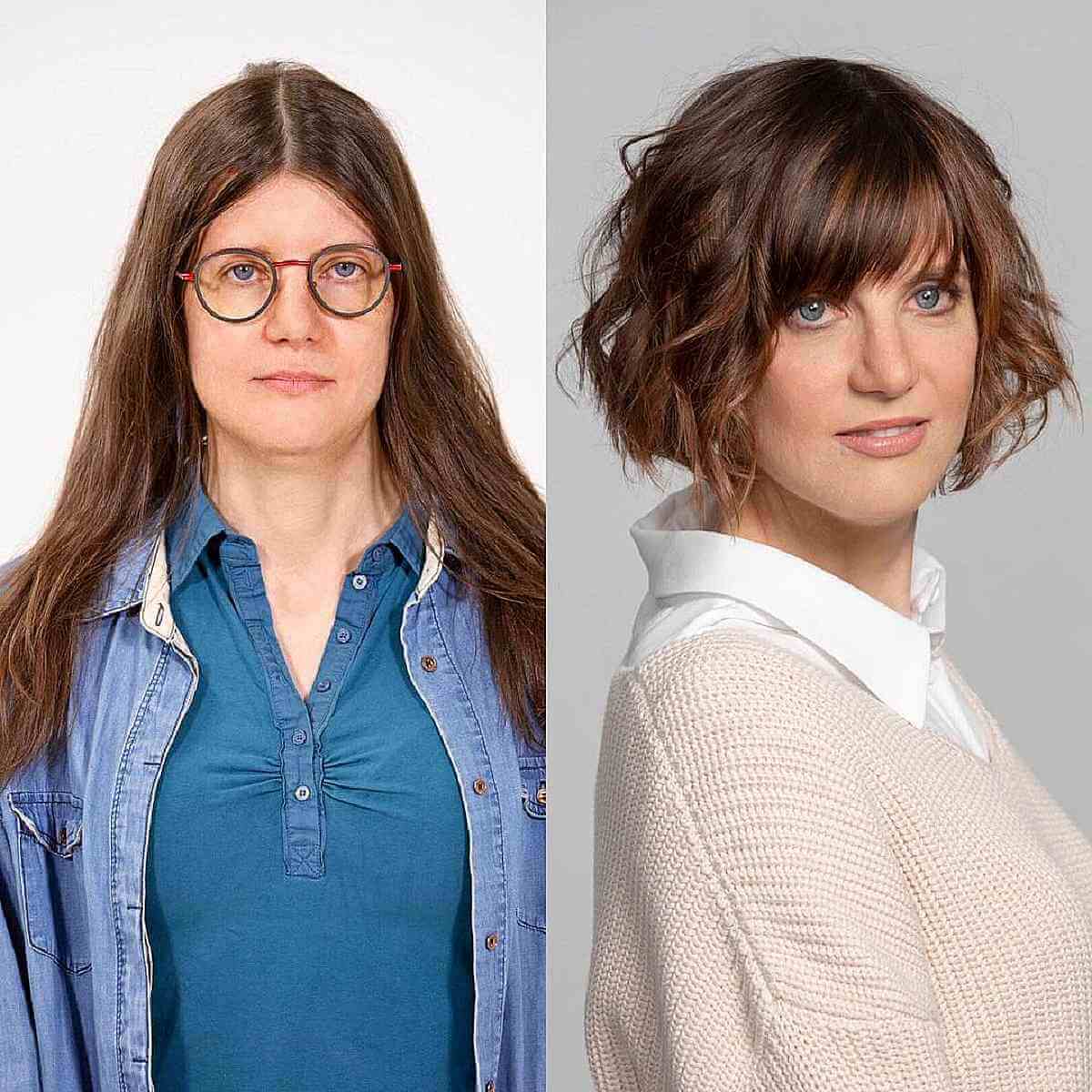 Cheveux ondulés à longueur de menton avec frange pour les visages carrés