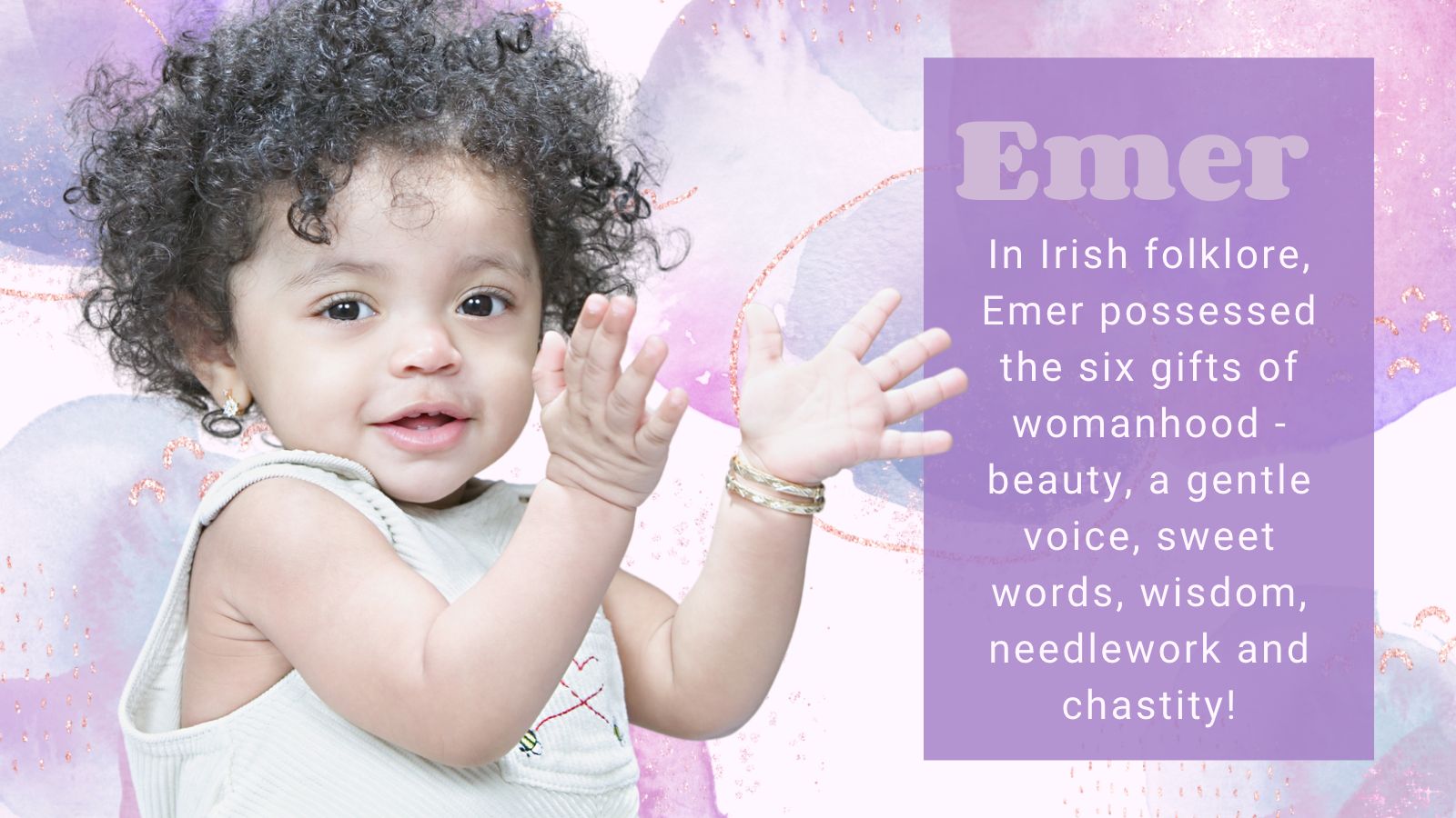 Fond violet et bébé avec des ailes de fée dorées pour illustrer les prénoms irlandais pour bébé.