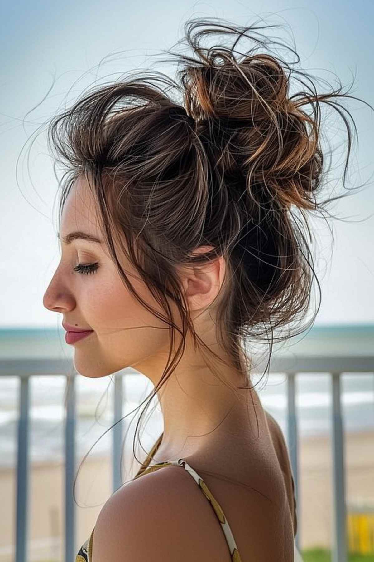 Femme aux cheveux moyens coiffés en un chignon désordonné chic et lâche, parfait pour une journée à la plage.