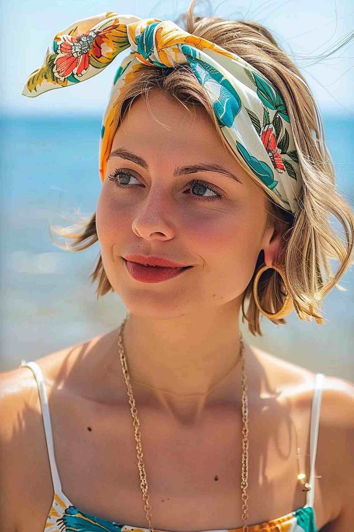 Cheveux courts chics avec un foulard pour une journée à la plage 