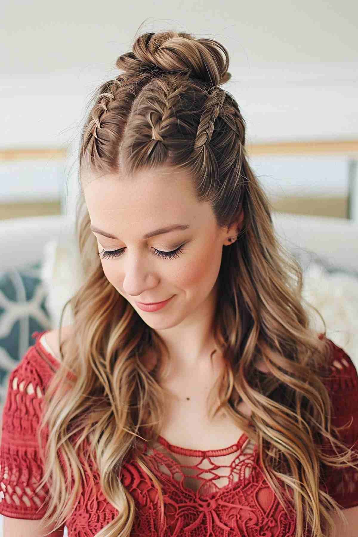 Chignon tressé tendance pour une soirée avec des ondulations lâches
