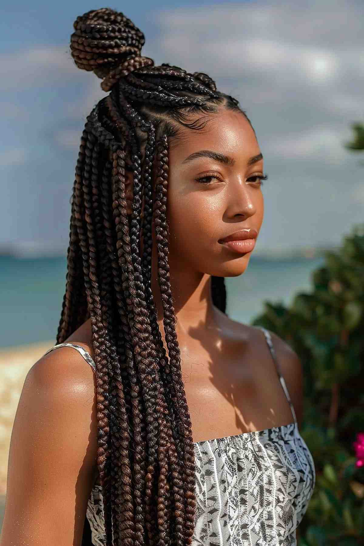 Chignon haut à moitié relevé et tresses en boîte pour les femmes noires aux cheveux épais