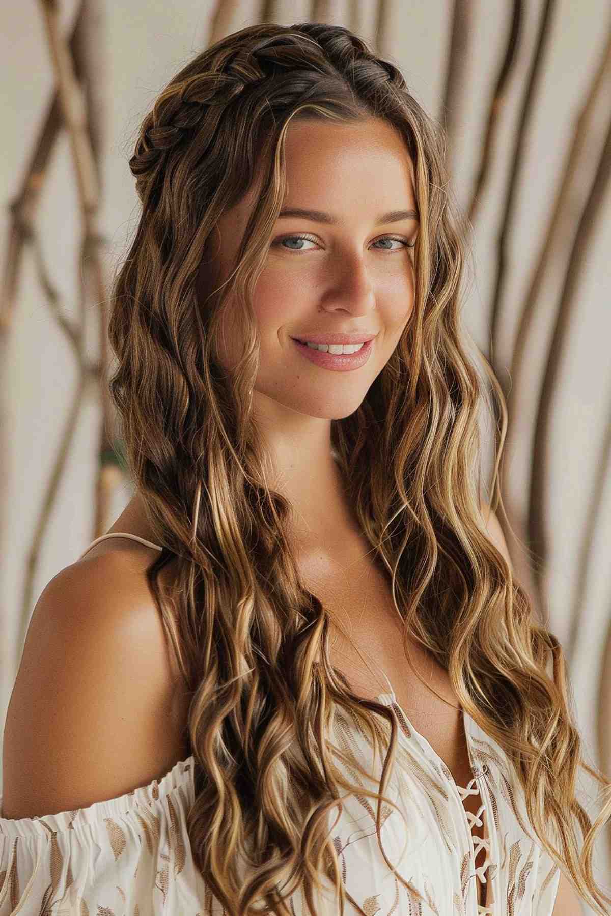 Coiffure romantique tressée à mi-hauteur pour cheveux ondulés avec des ondulations lâches