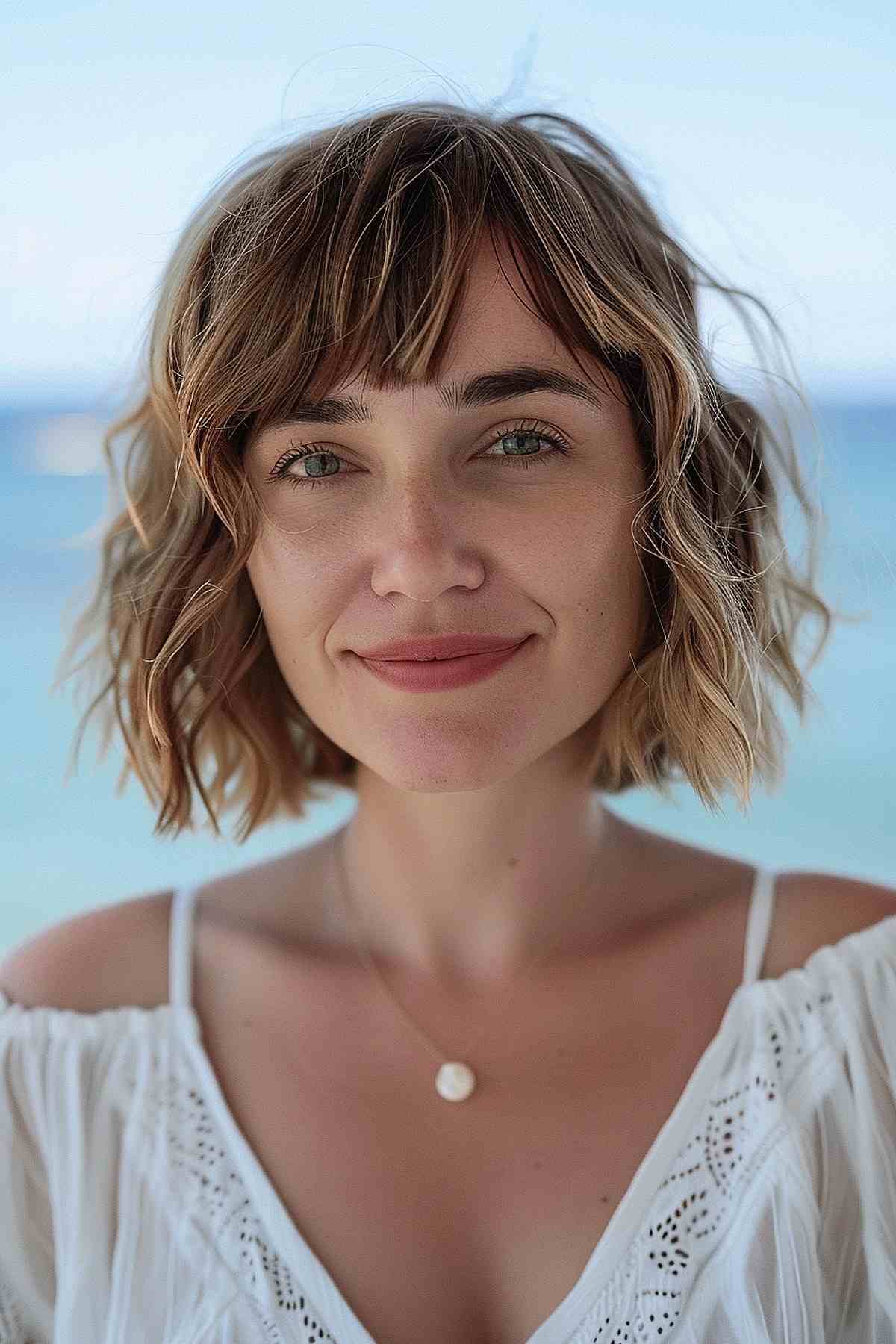 Ondes de plage chics pour cheveux courts avec une frange légèrement ébouriffée