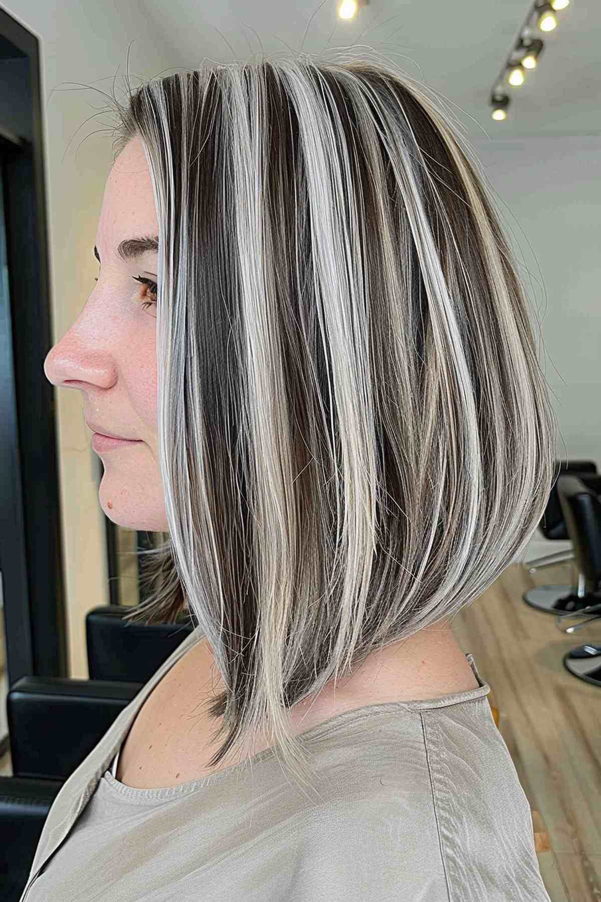 Bob avec raie de mouffette blonde inspirée des années 90 et coupe émoussée