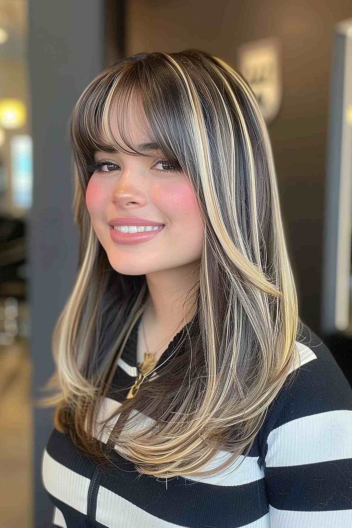 Cheveux longs et foncés avec des mèches blondes de l'an 2000 et des ondulations lisses.
