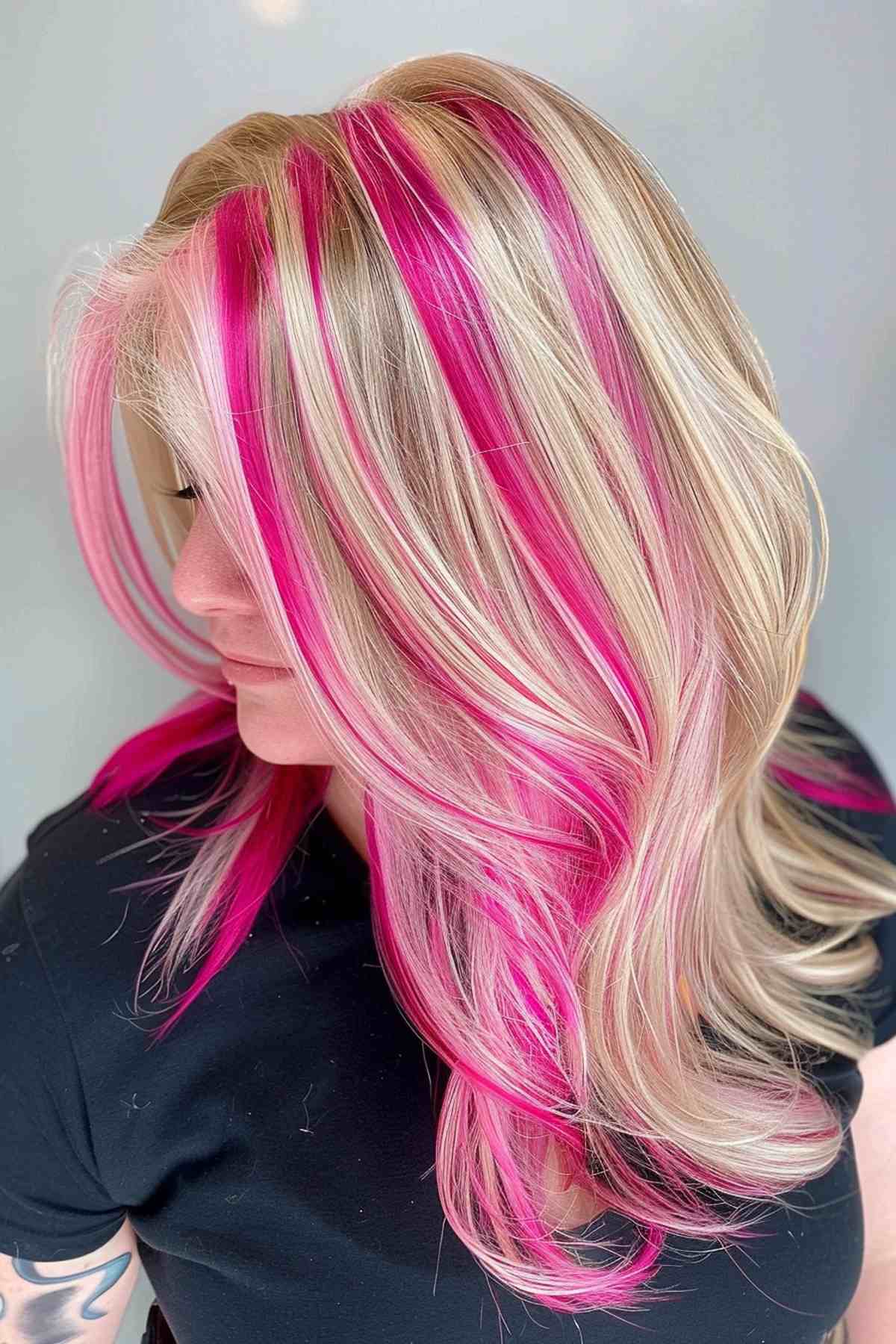 Longue chevelure blonde avec des mèches roses et des dégradés