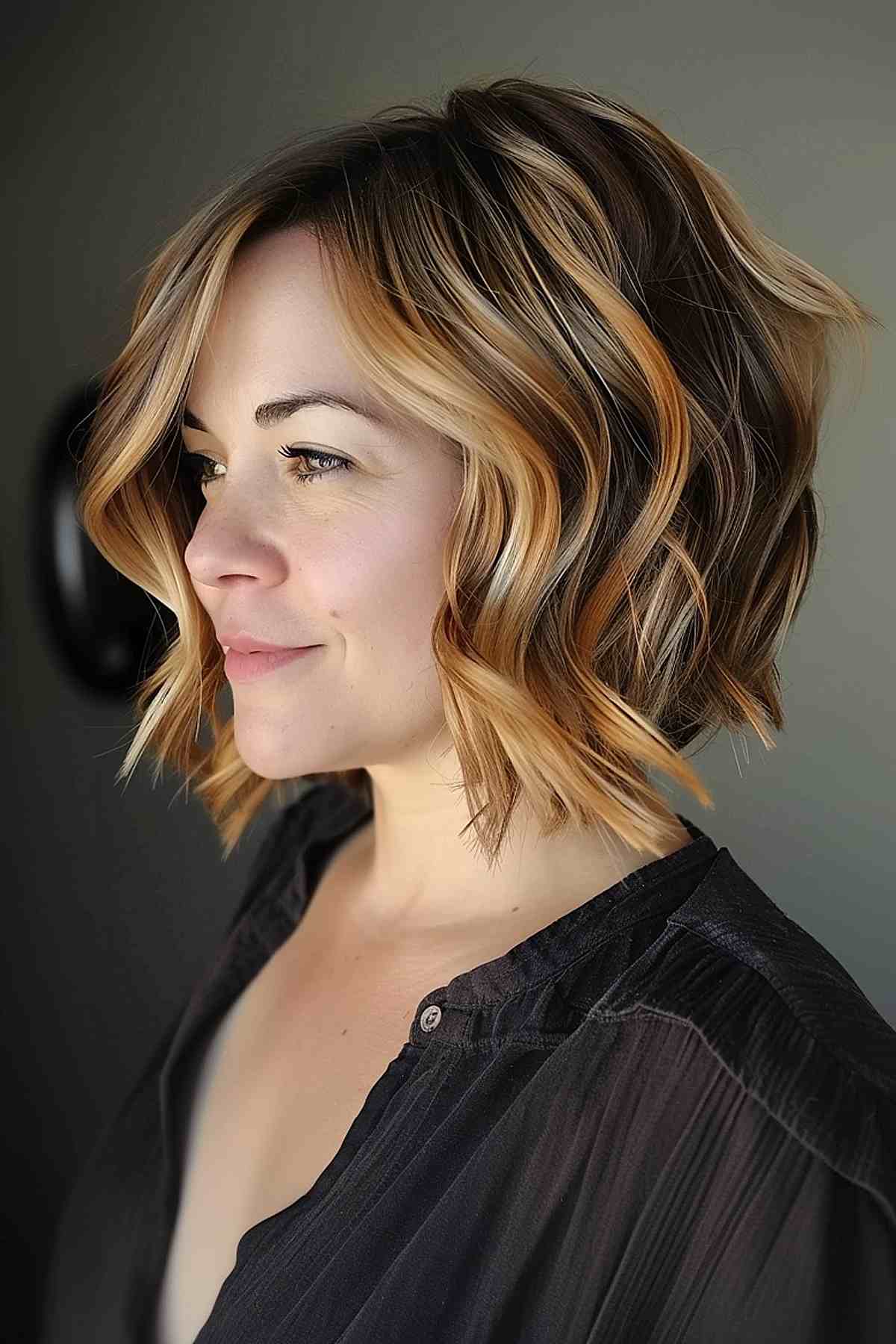 Coiffure courte avec des mèches blondes caramel et des ondulations lâches