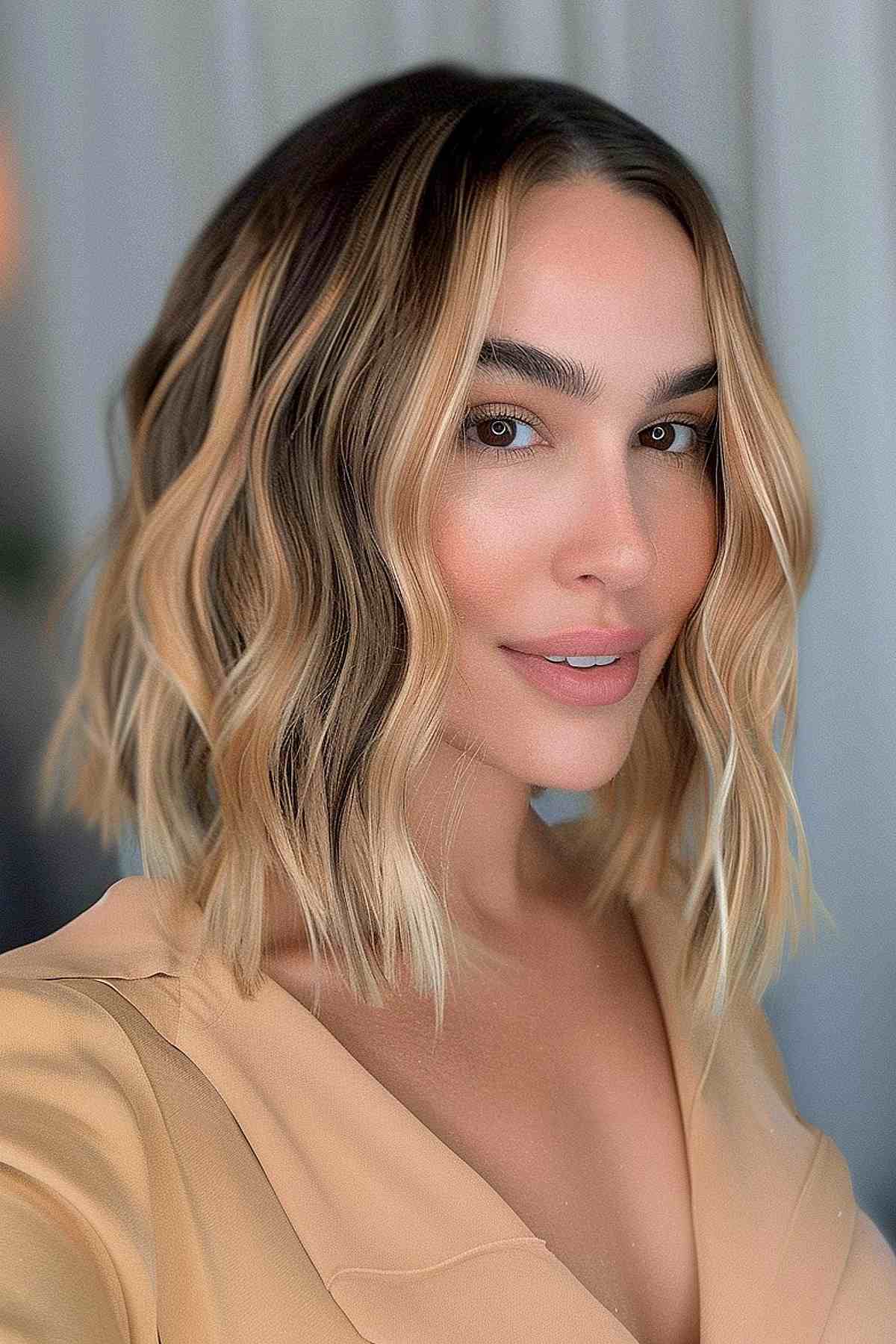 Lob avec cheveux foncés et mèches blondes encadrant le visage