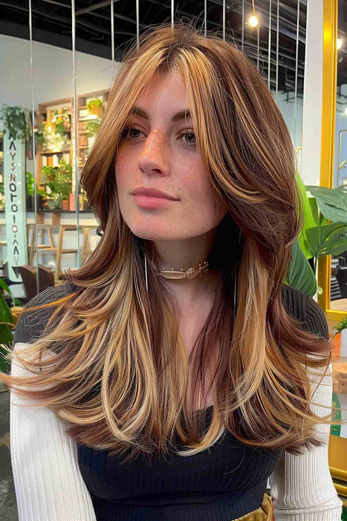 Cheveux mi-longs avec des mèches blondes, des ondulations et une frange en rideau