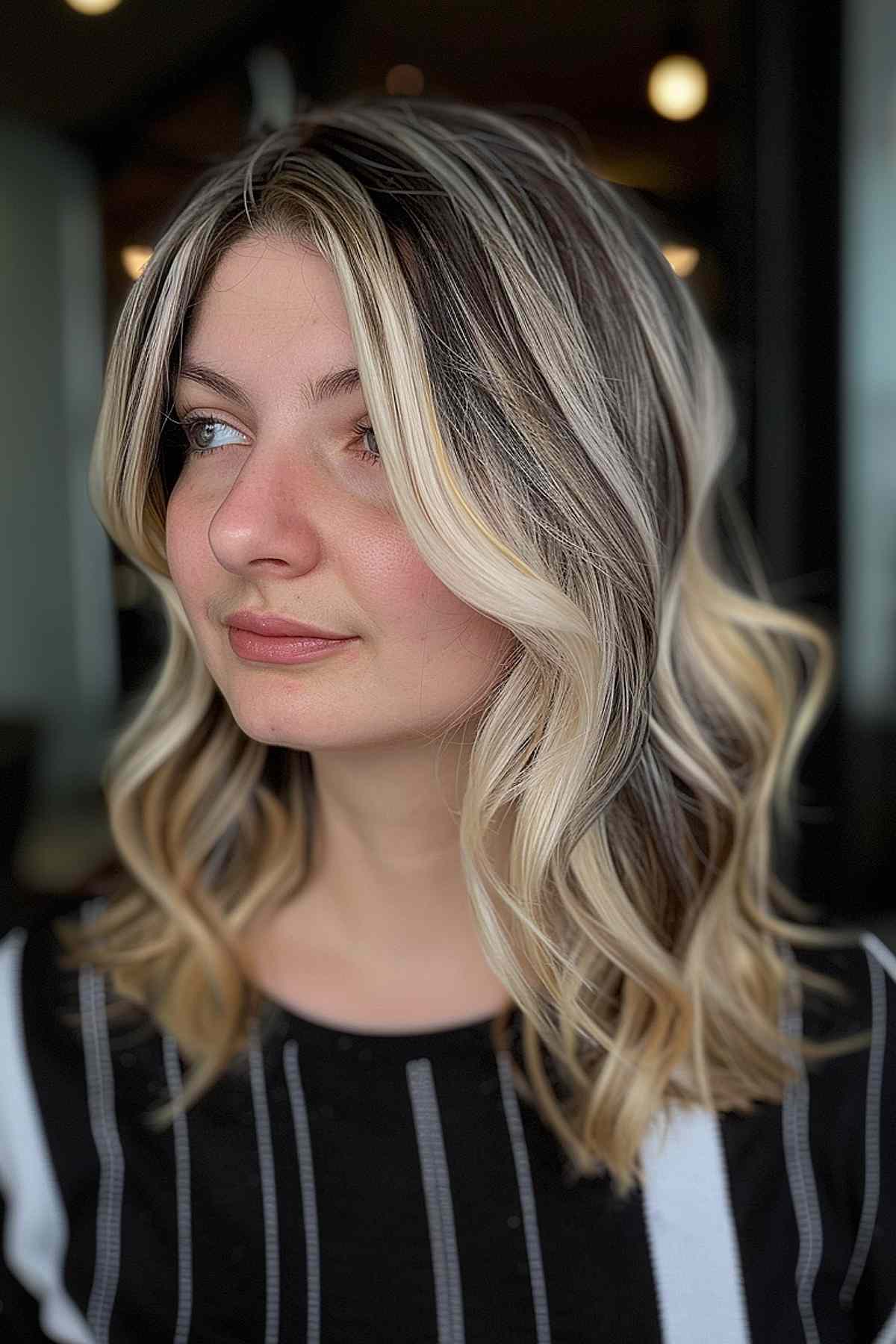 Cheveux foncés mi-longs avec des mèches blondes claires et des ondulations douces.
