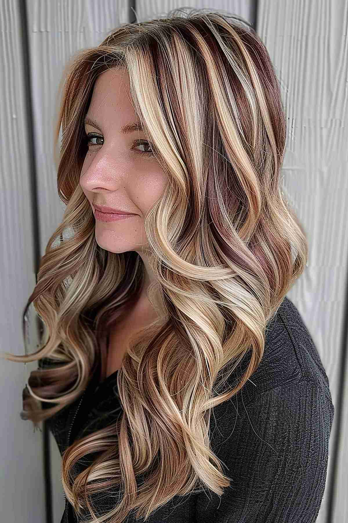 Cheveux bruns ondulés avec des mèches blondes épaisses et des mèches basses