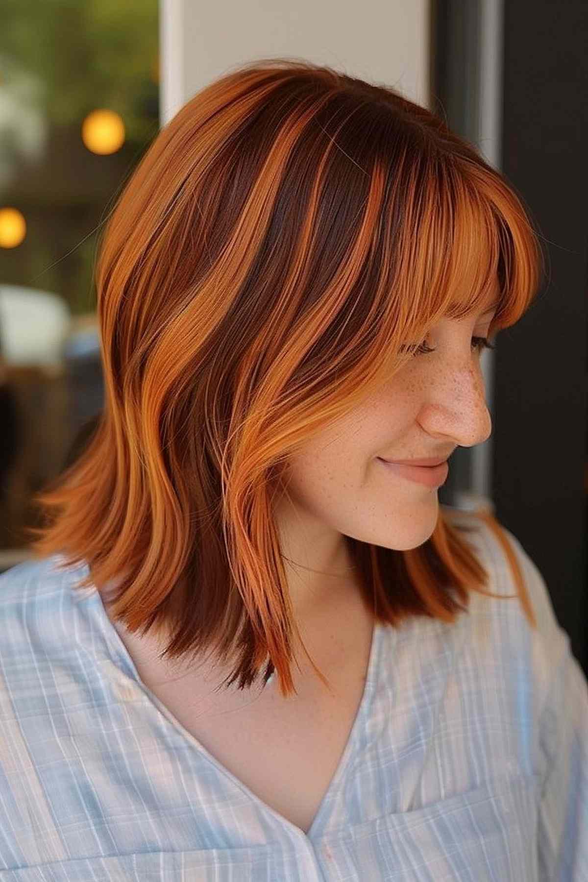 Cheveux auburn aux épaules avec des mèches blondes épaisses et une frange émoussée