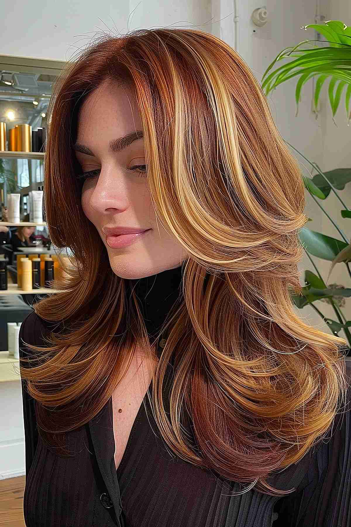 Cheveux roux mi-longs avec des bandes blondes épaisses et des dégradés doux