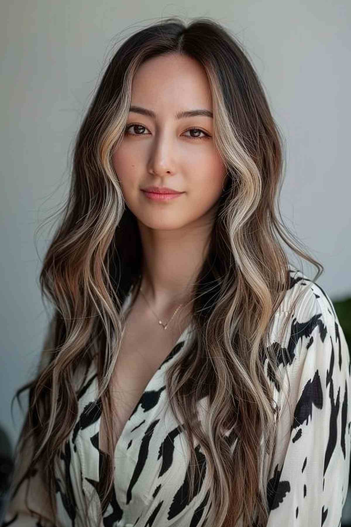 Cheveux foncés longs et ondulés avec une grosse mèche blonde.