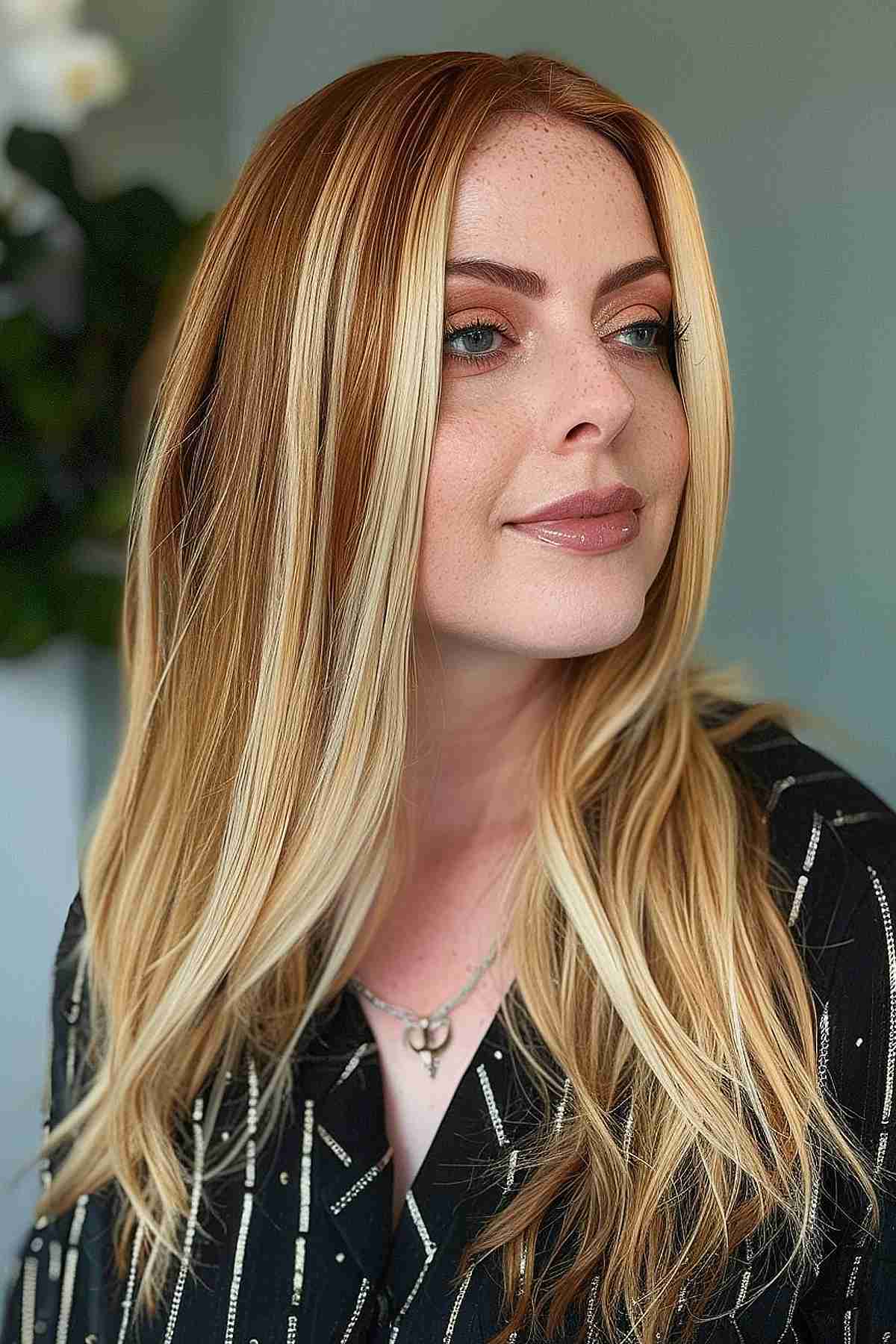 Longue chevelure cuivrée avec d'épais reflets blonds et des dégradés