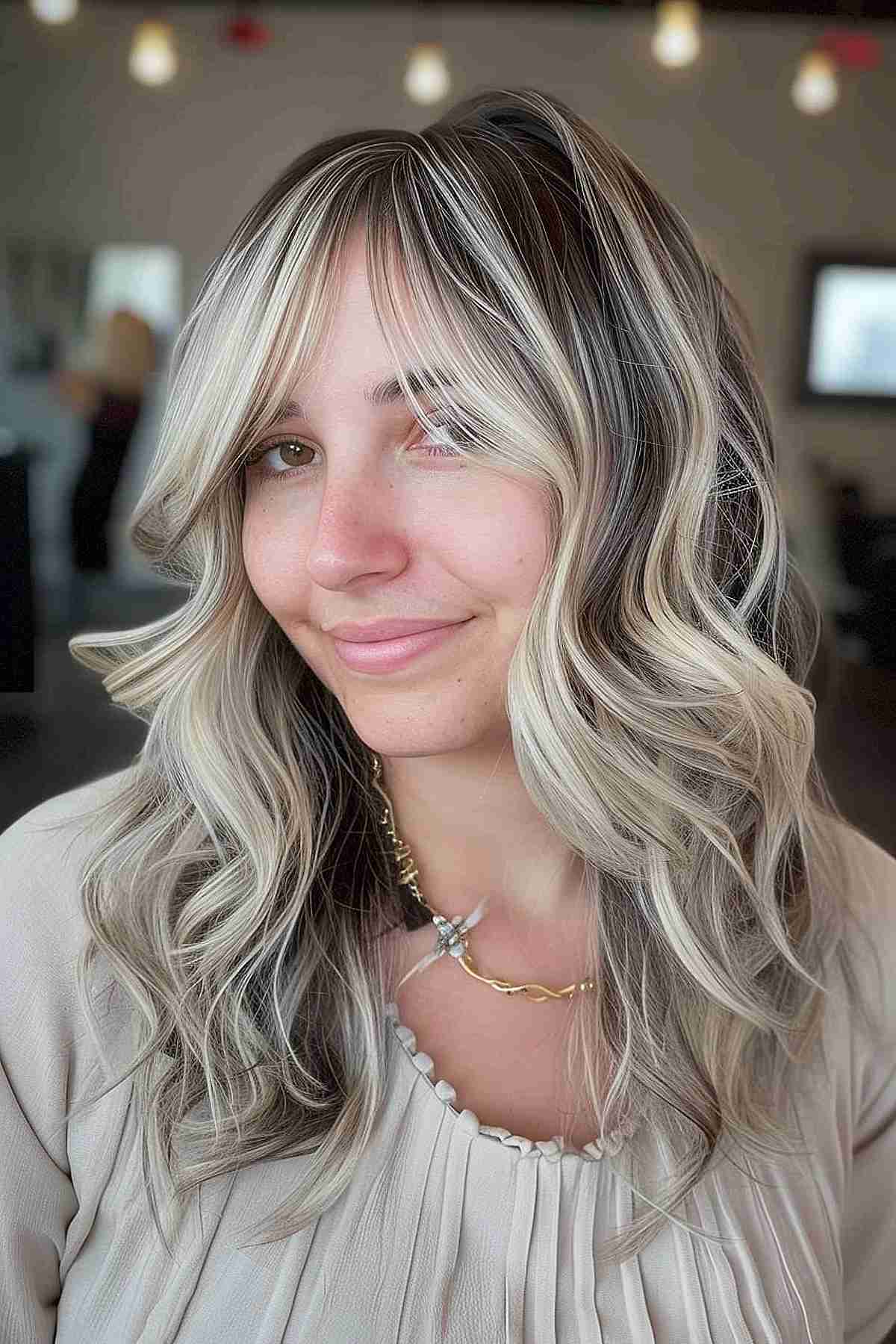 Cheveux foncés mi-longs avec des mèches blondes épaisses qui encadrent le visage et une frange rideau.