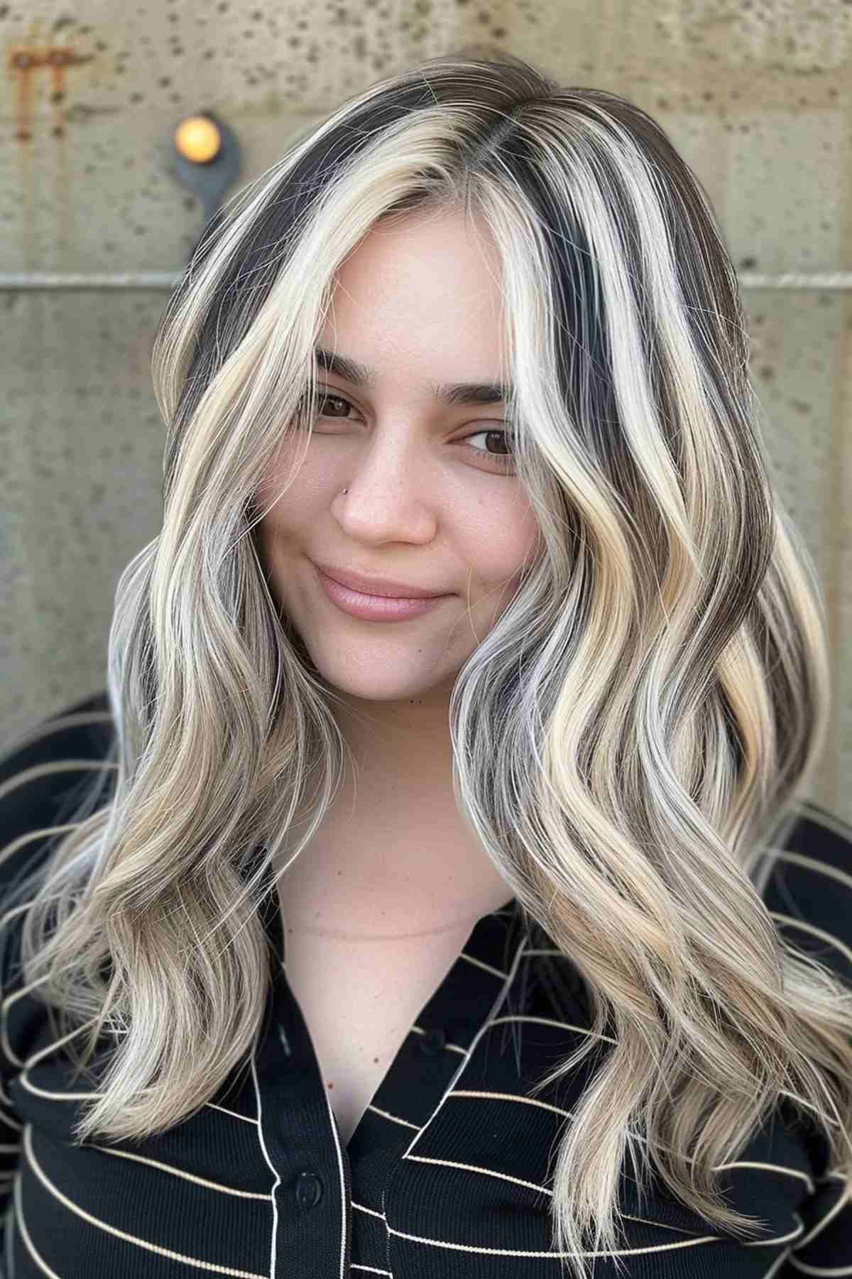 Cheveux foncés mi-longs avec des reflets blond platine et des ondulations douces