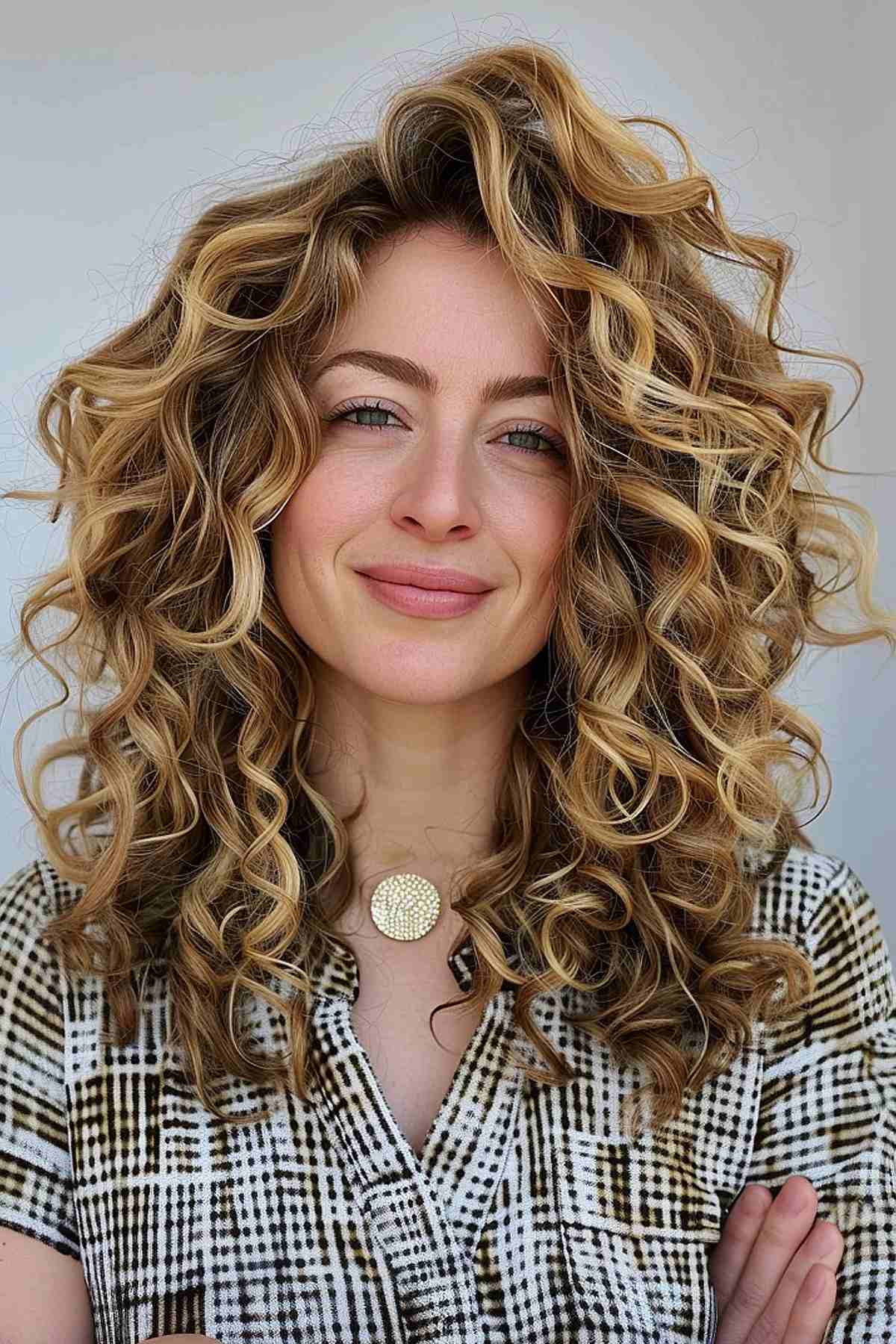 Cheveux foncés bouclés avec d'épais reflets blonds et une coupe dégradée