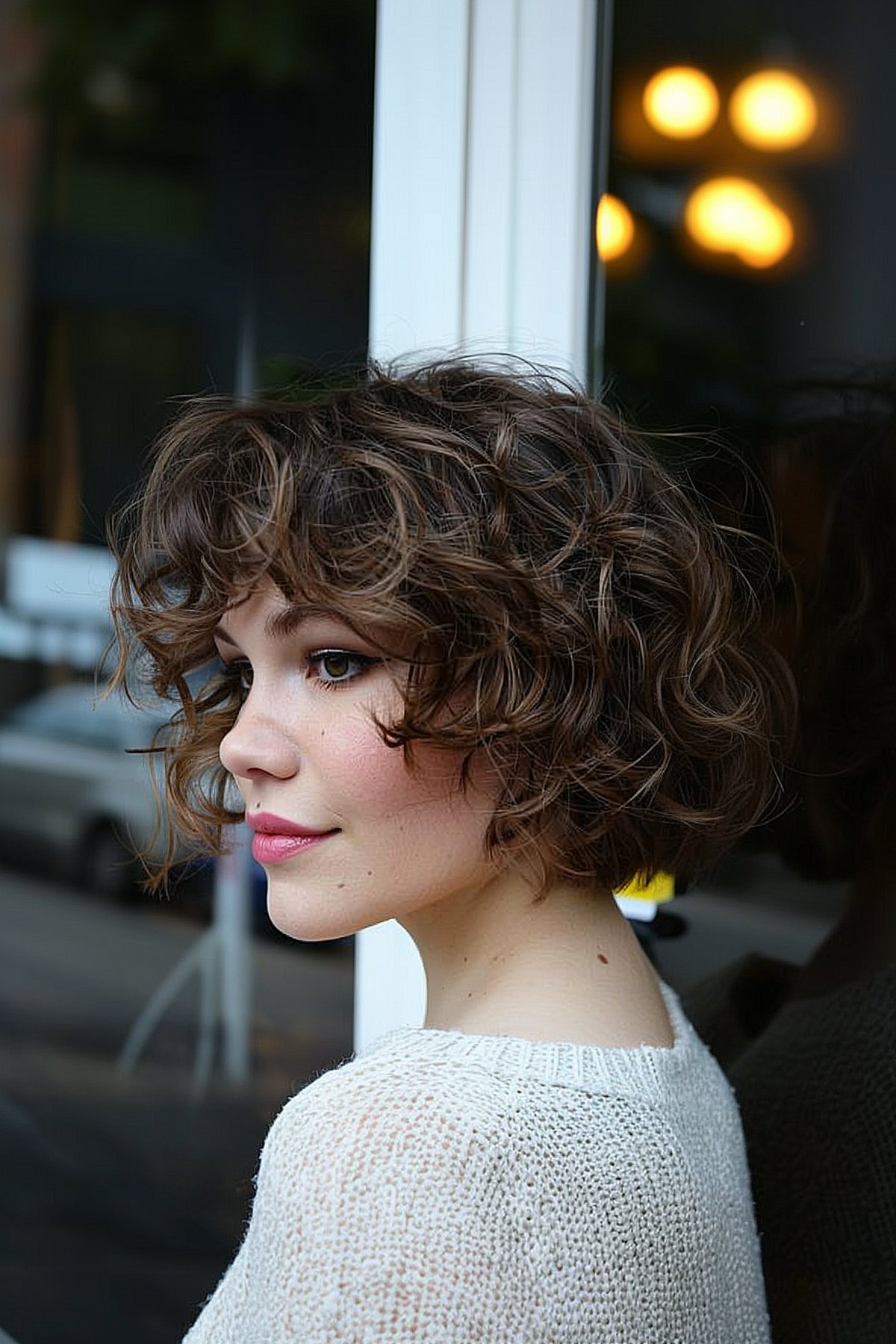 Coupe bob bouclée volumineuse et dégradée à la mâchoire