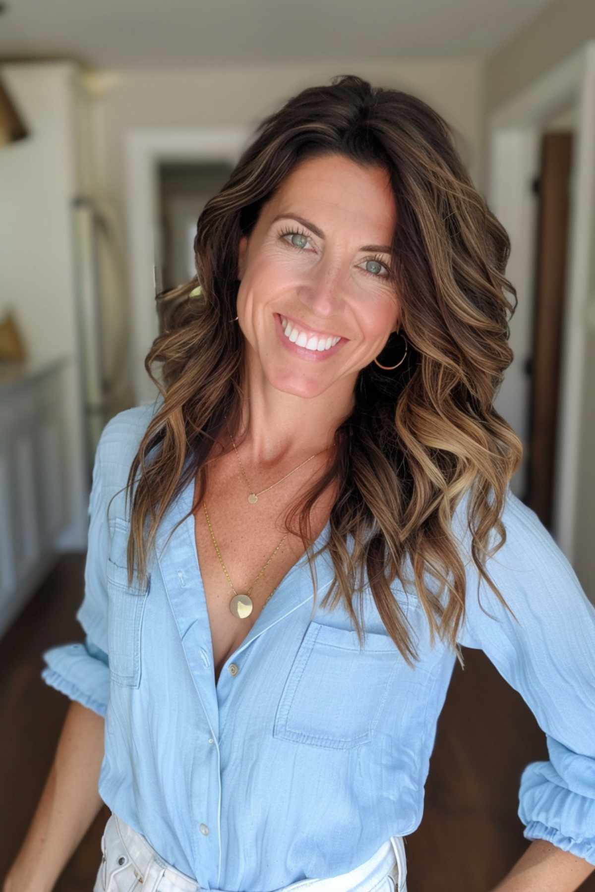Femme avec un balayage brun moyen et des ondulations douces
