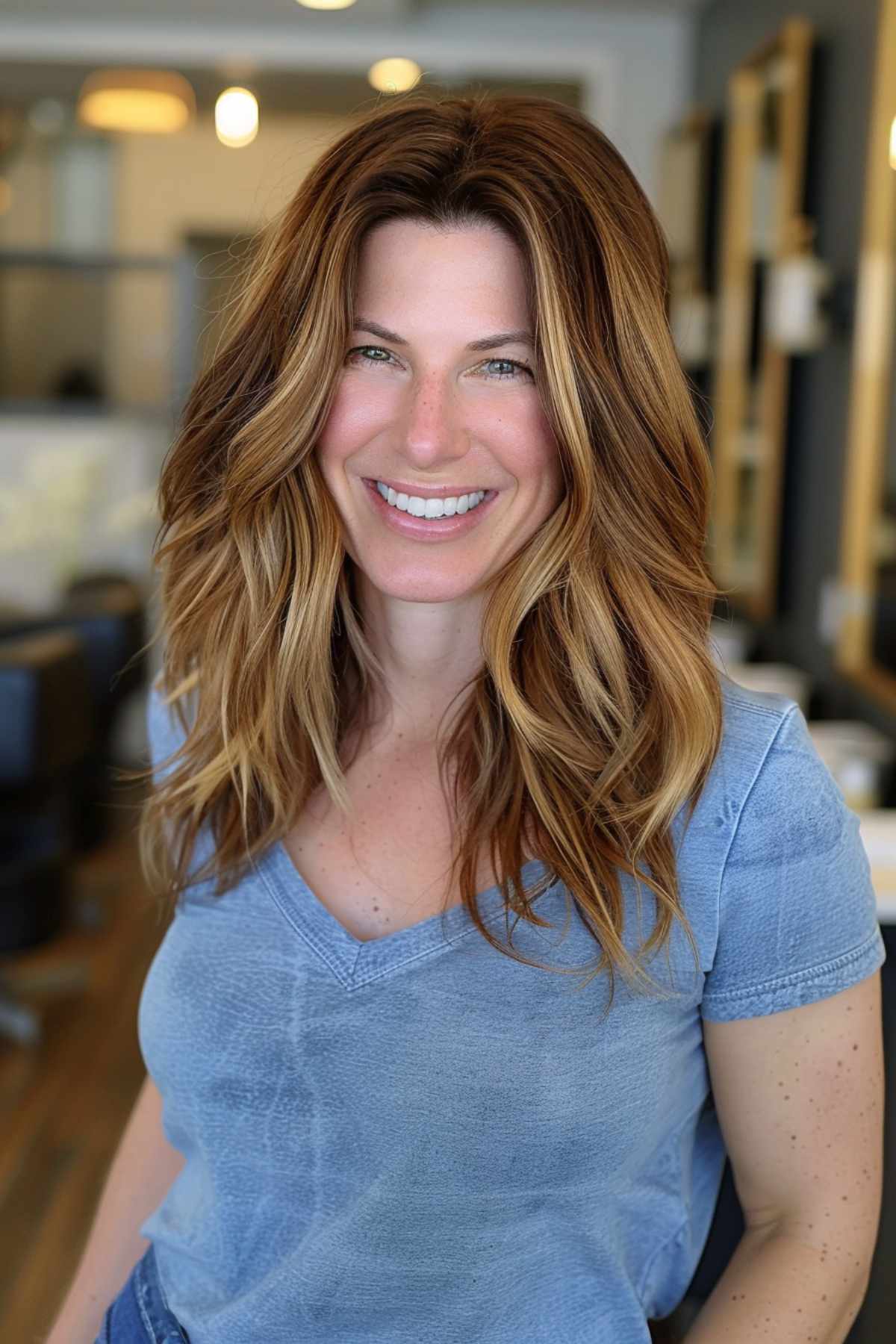 Cheveux mi-longs encadrant le visage avec des reflets caramel sur des cheveux ondulés
