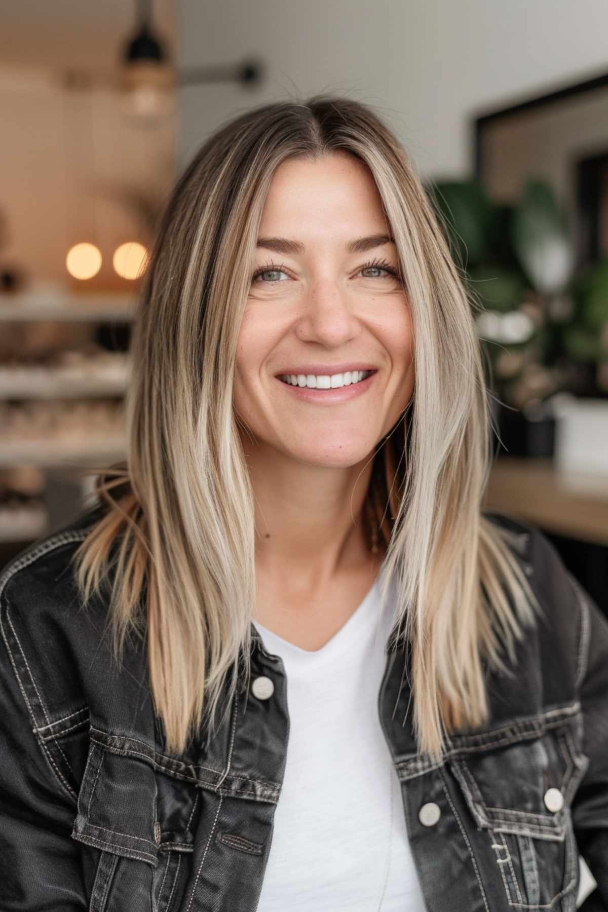 Femme avec une coiffure balayage blonde mi-longue
