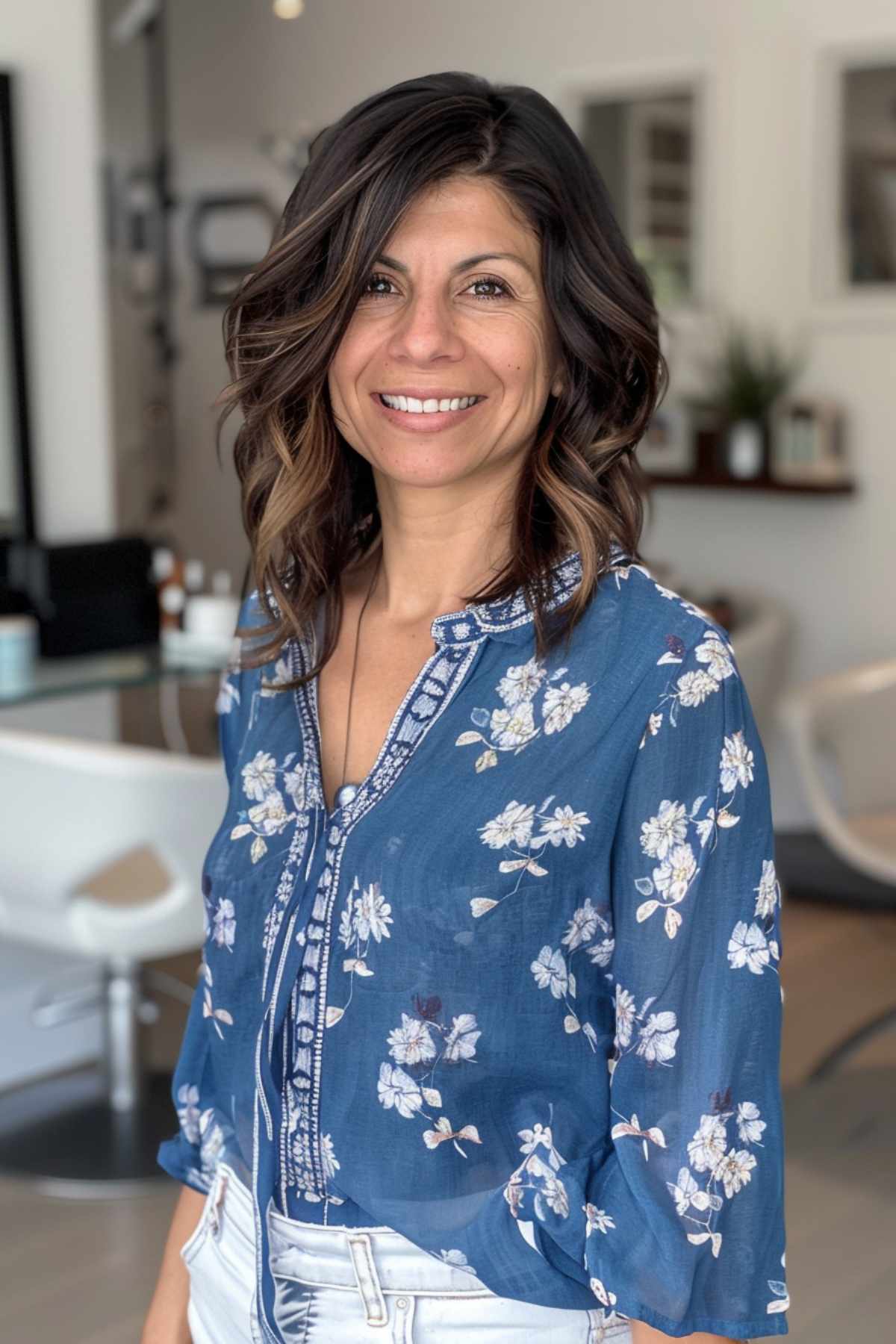 Coiffure bob longue avec des ondulations superposées et des reflets caramel subtils, convenant aux visages ovales et en forme de cœur.