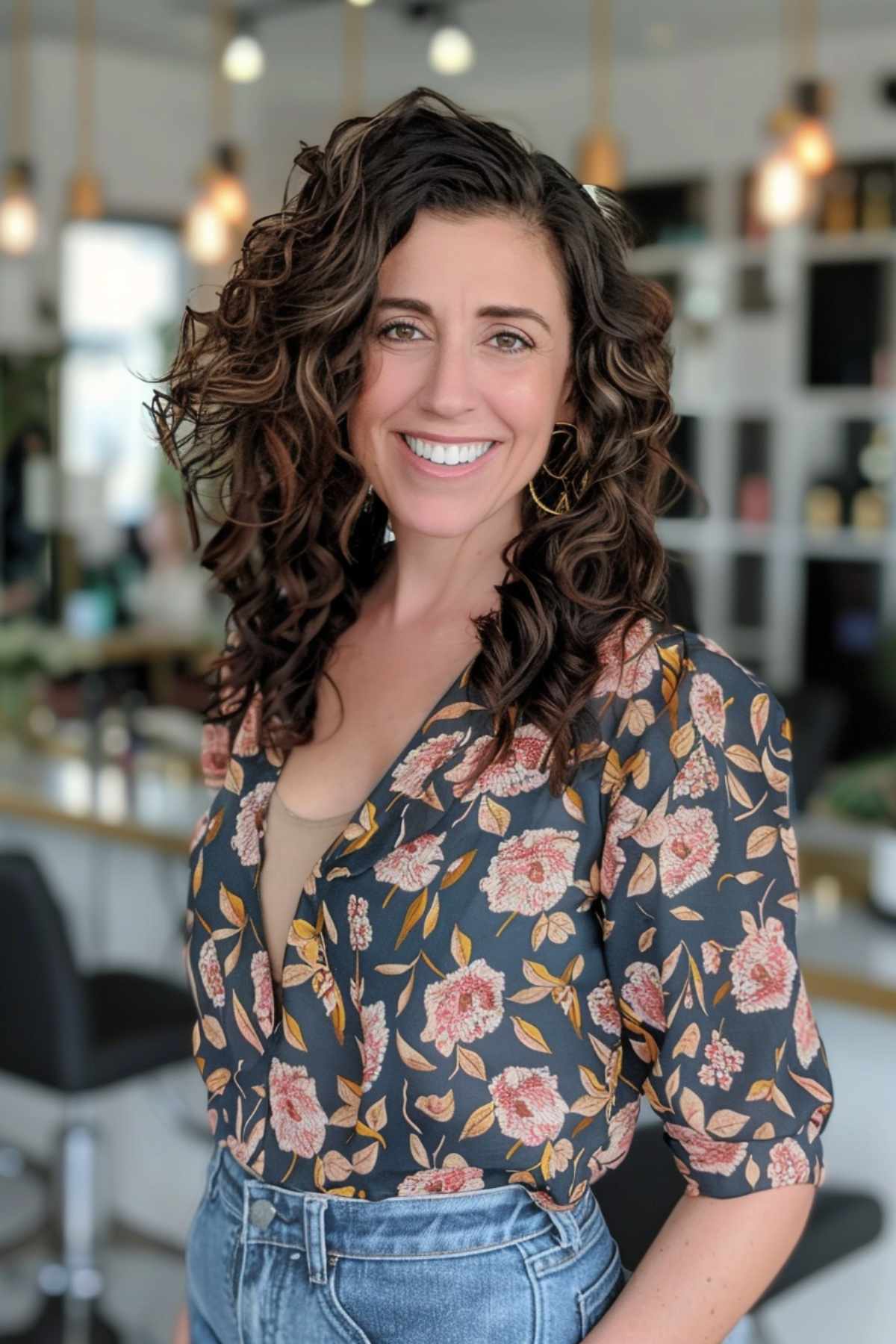 Femme avec des cheveux mi-longs bouclés et des mèches douces