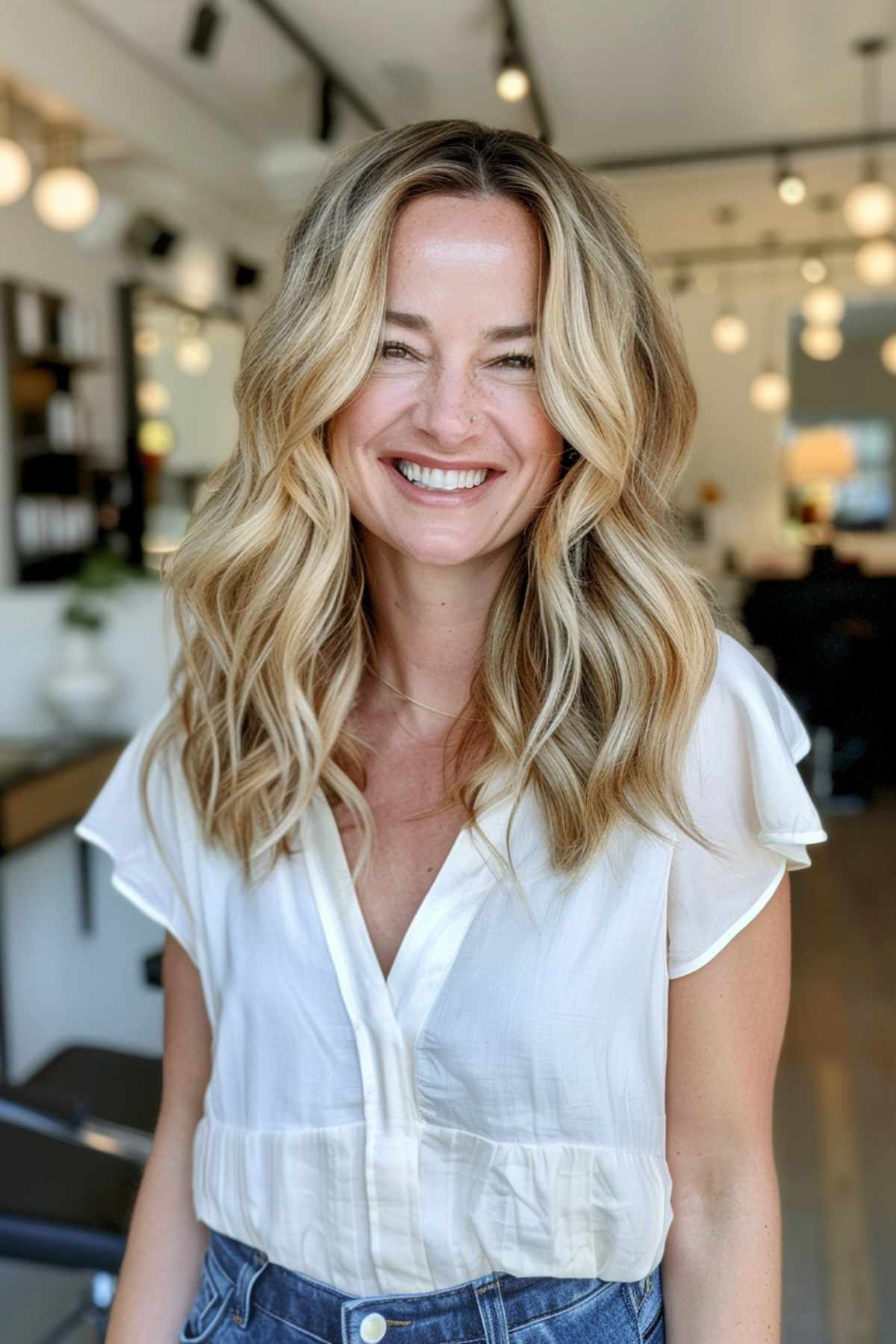 Coiffure balayage blonde ondulée de longueur moyenne, convenant aux visages ronds et carrés.
