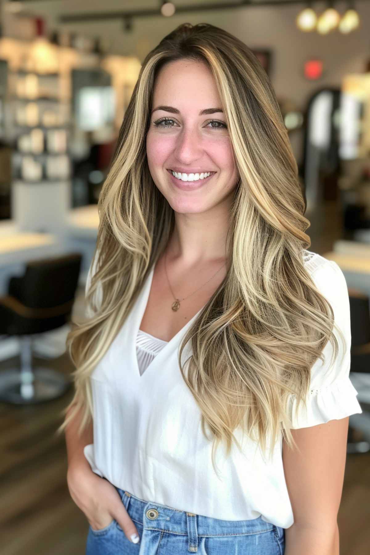 Femme avec de longues ondulations pour cheveux fins