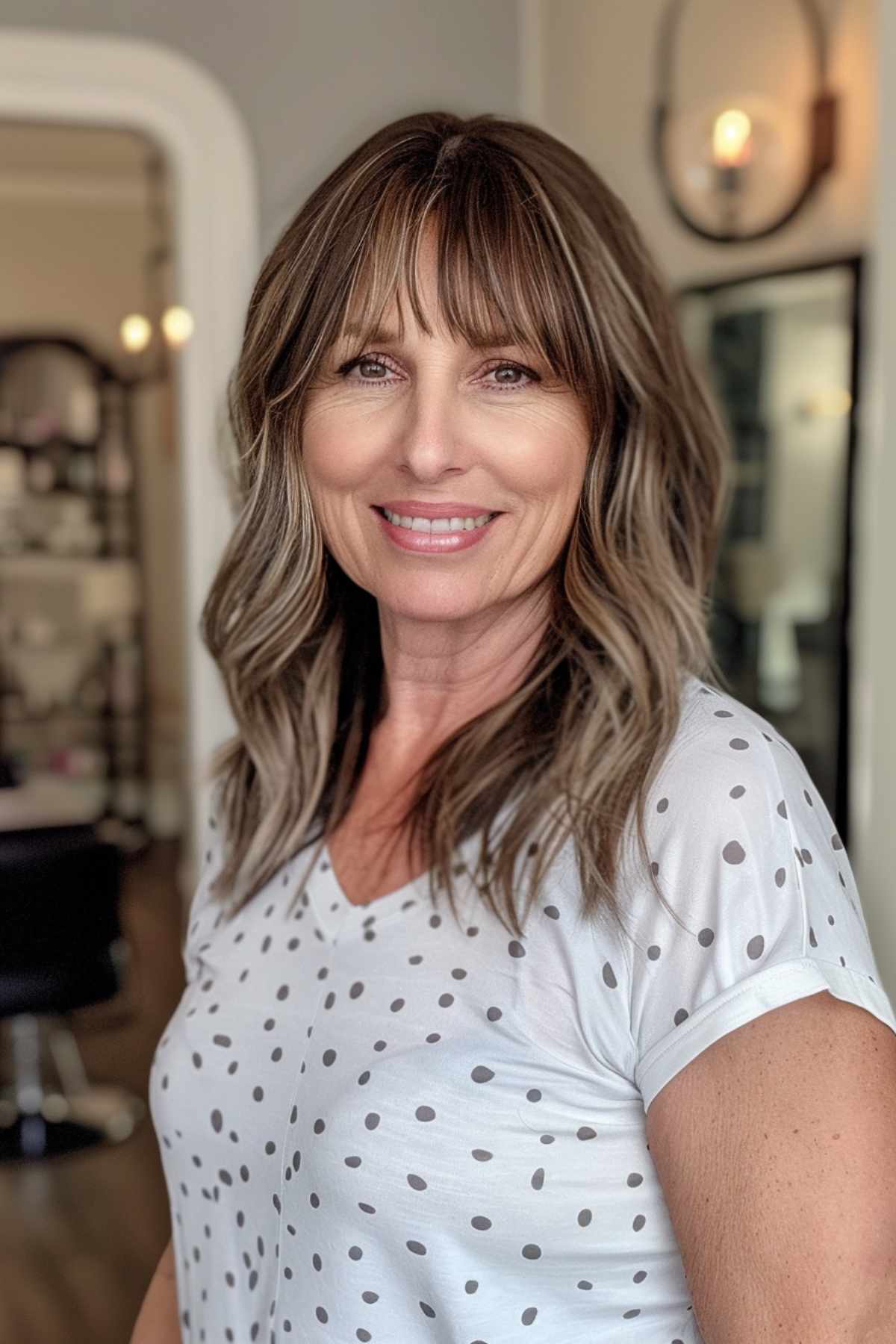 Coiffure ondulée mi-longue avec frange pour les mamans