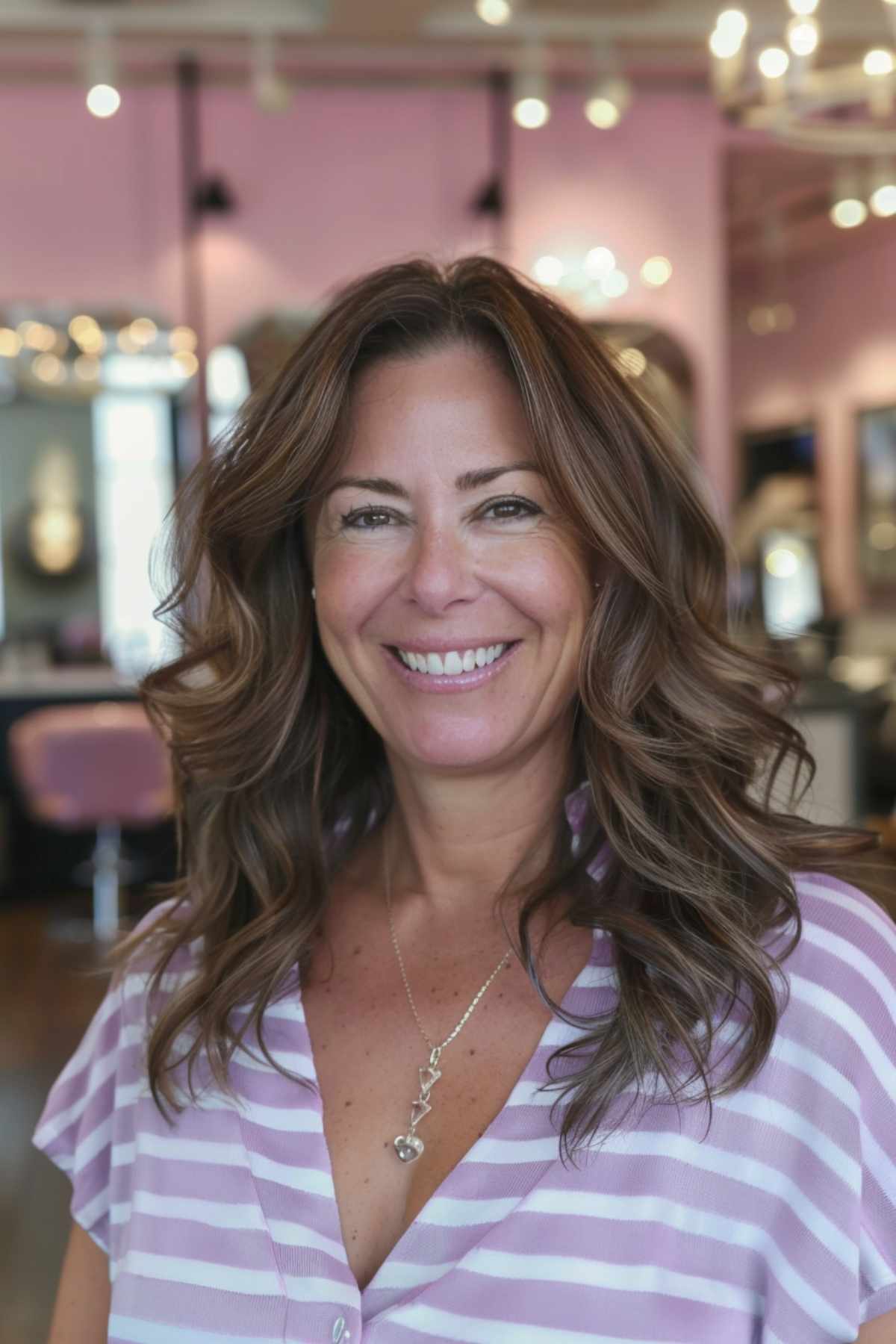 Femme avec une coupe de cheveux mi-longs ondulés et dégradés pour cheveux épais