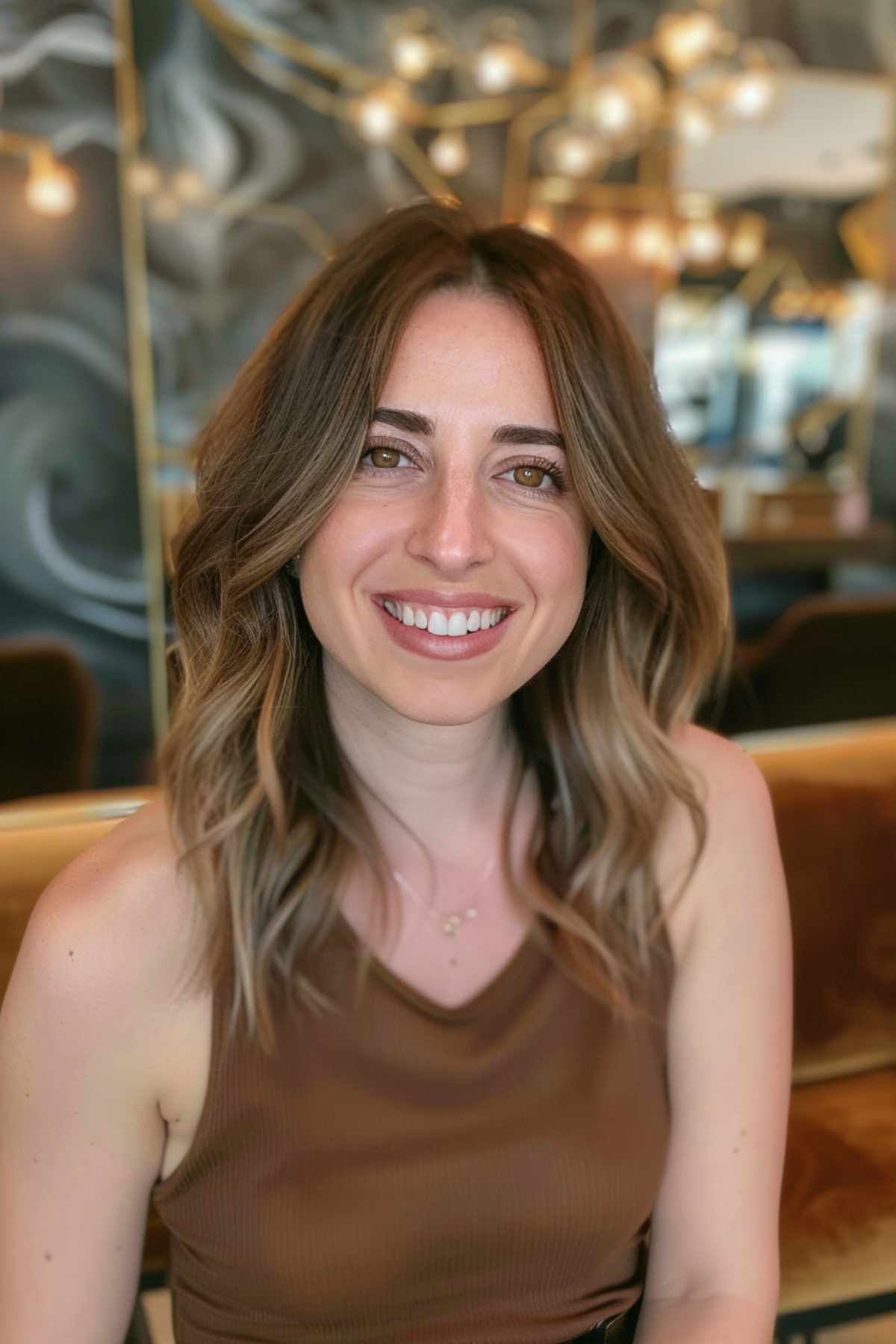 Femme avec des ondulations douces jusqu'aux épaules et des reflets balayage, convenant aux visages ronds.