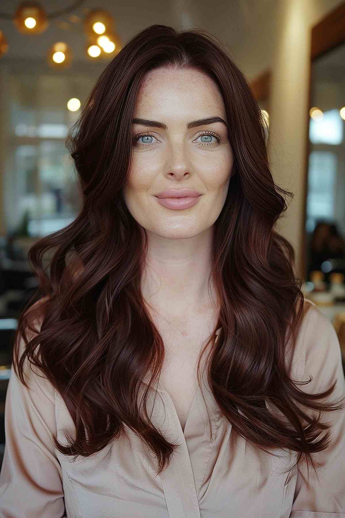 Cheveux bruns cerise avec des ondulations douces.