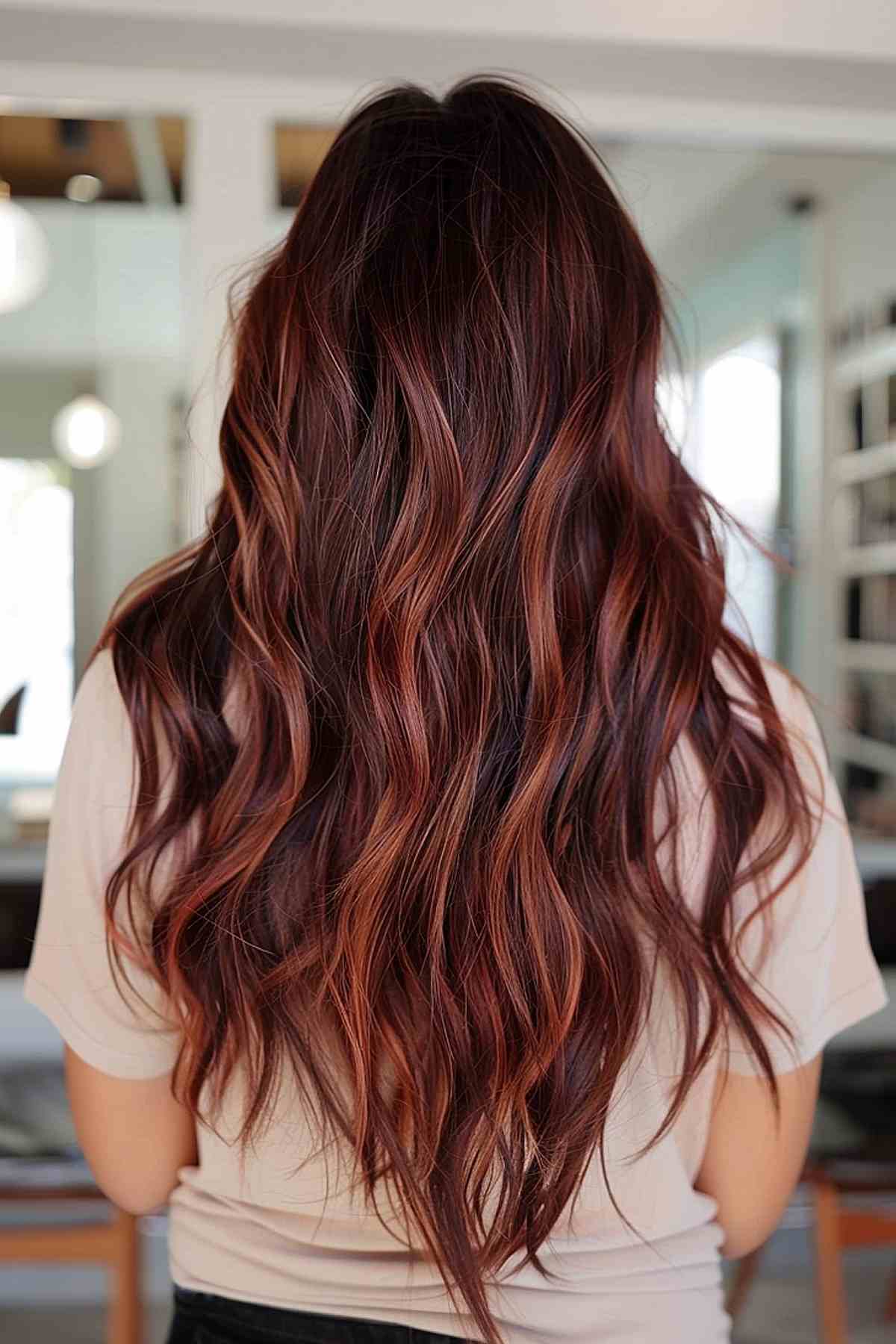 Cheveux noirs cerise avec des reflets caramel.