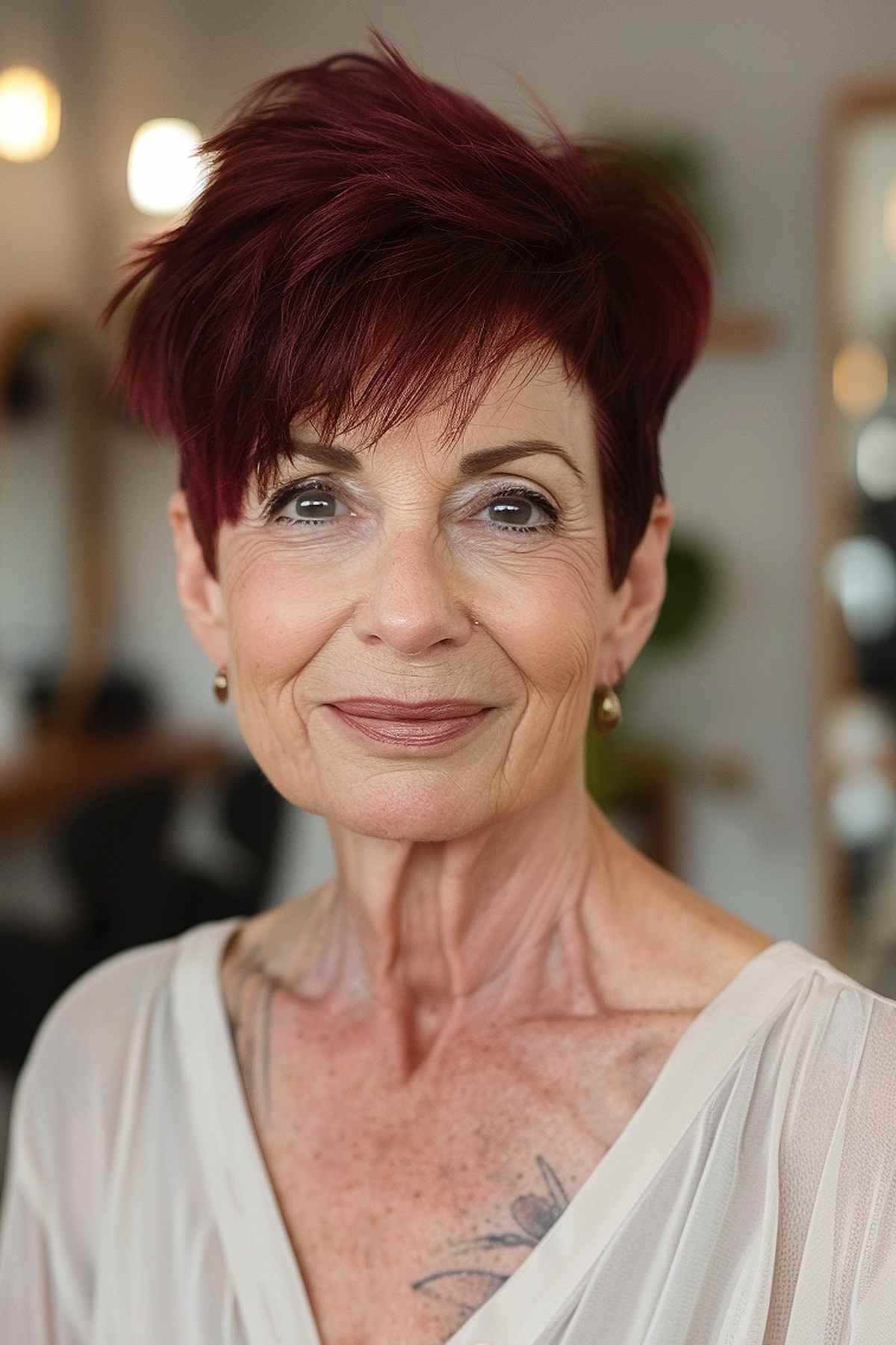 Pixie court et dégradé avec une couleur cerise profonde pour les femmes de plus de 60 ans.