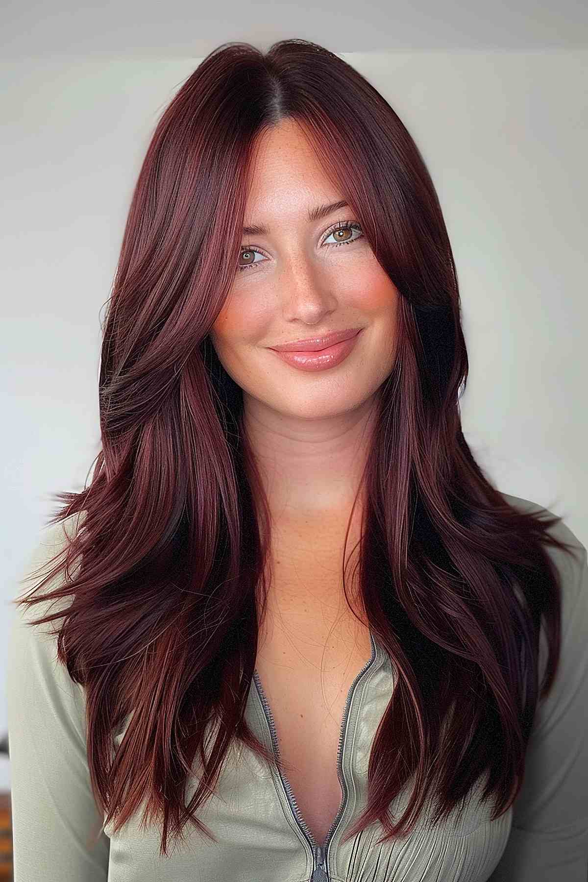 Cheveux dégradés en chocolat cerise foncé.