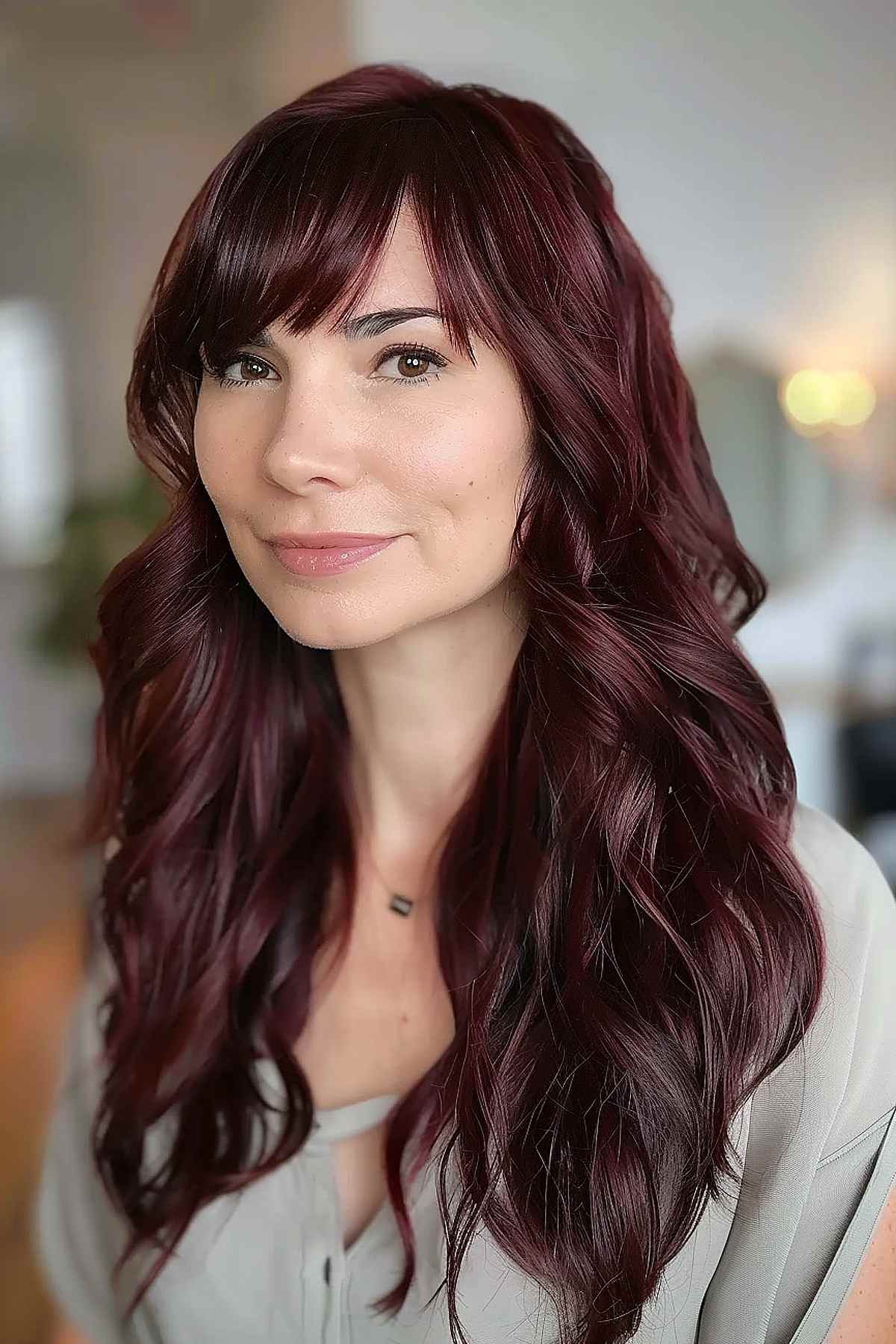 Cheveux longs et ondulés de couleur cerise cola foncé.