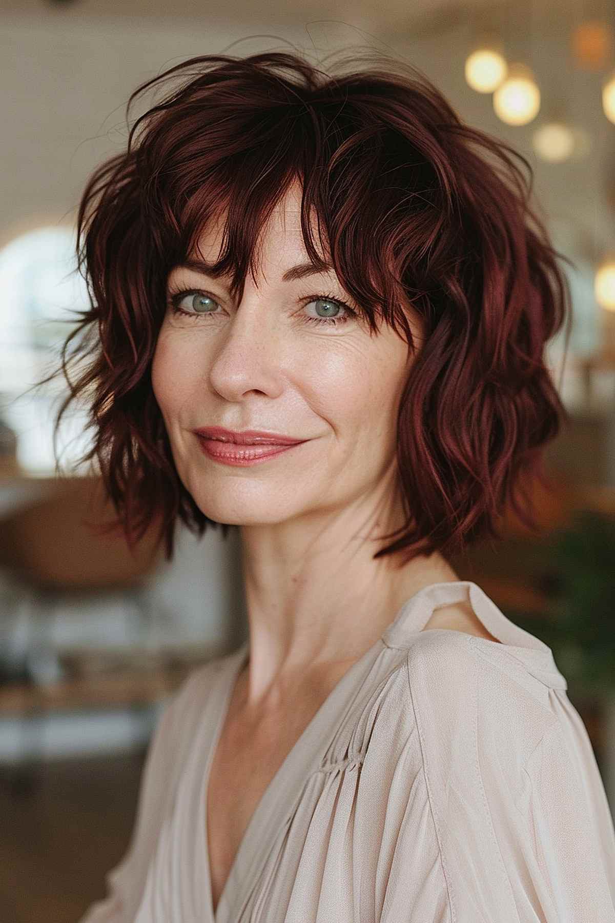 Bob ébouriffé avec une couleur cerise foncée pour les femmes de plus de 40 ans.