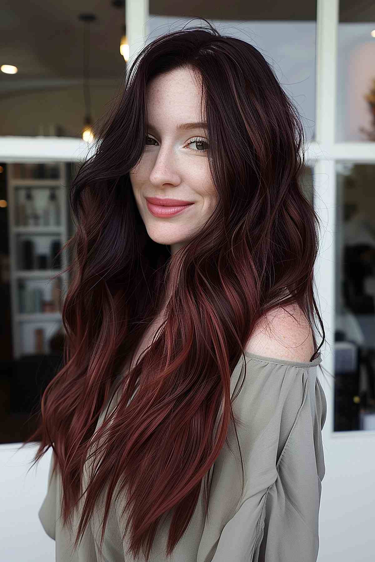 Cheveux longs et ondulés avec un mélange de cerise foncée et d'acajou riche.
